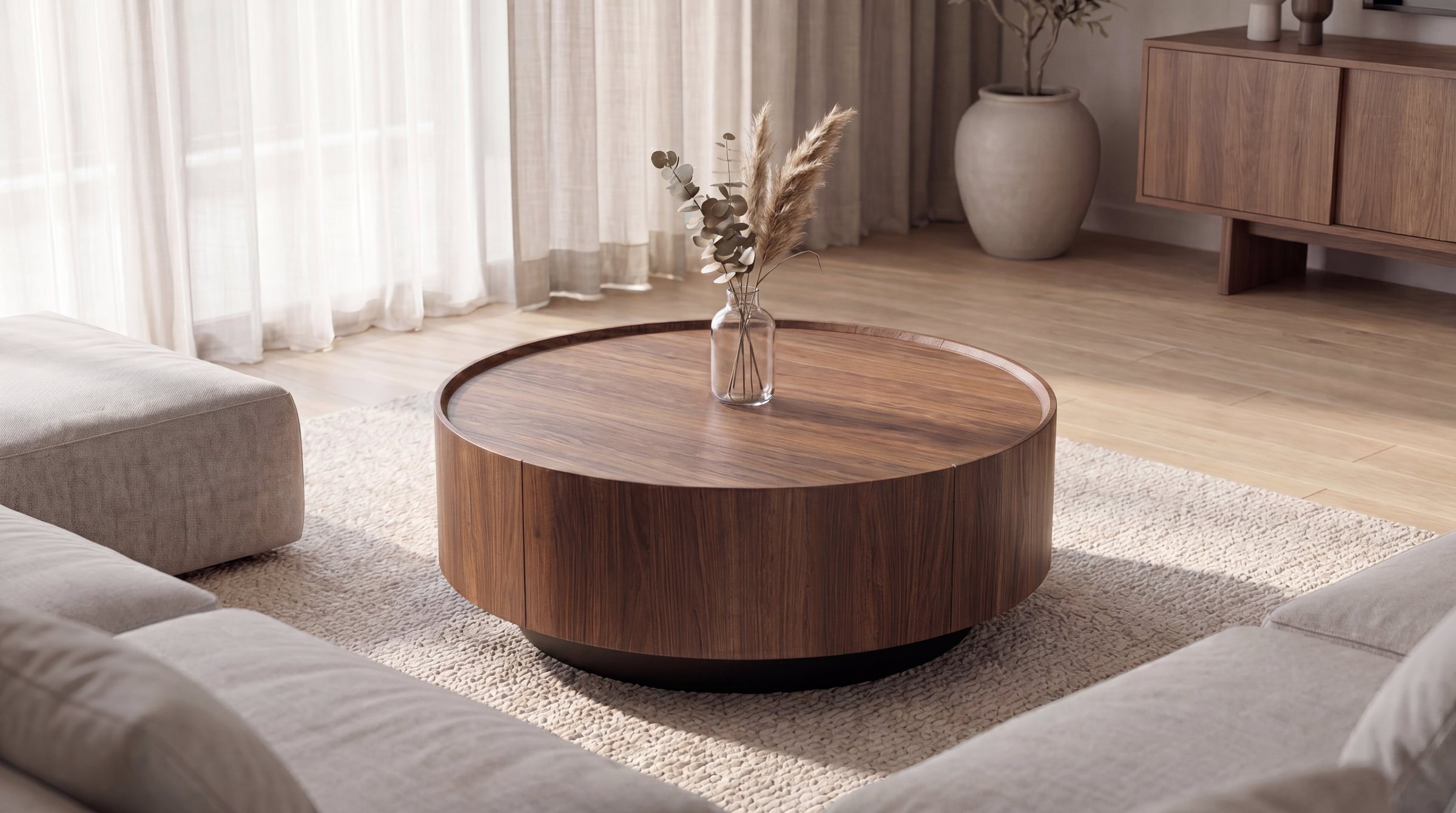 A round walnut Aeris coffee table between the two arms of an L-shaped sofa
