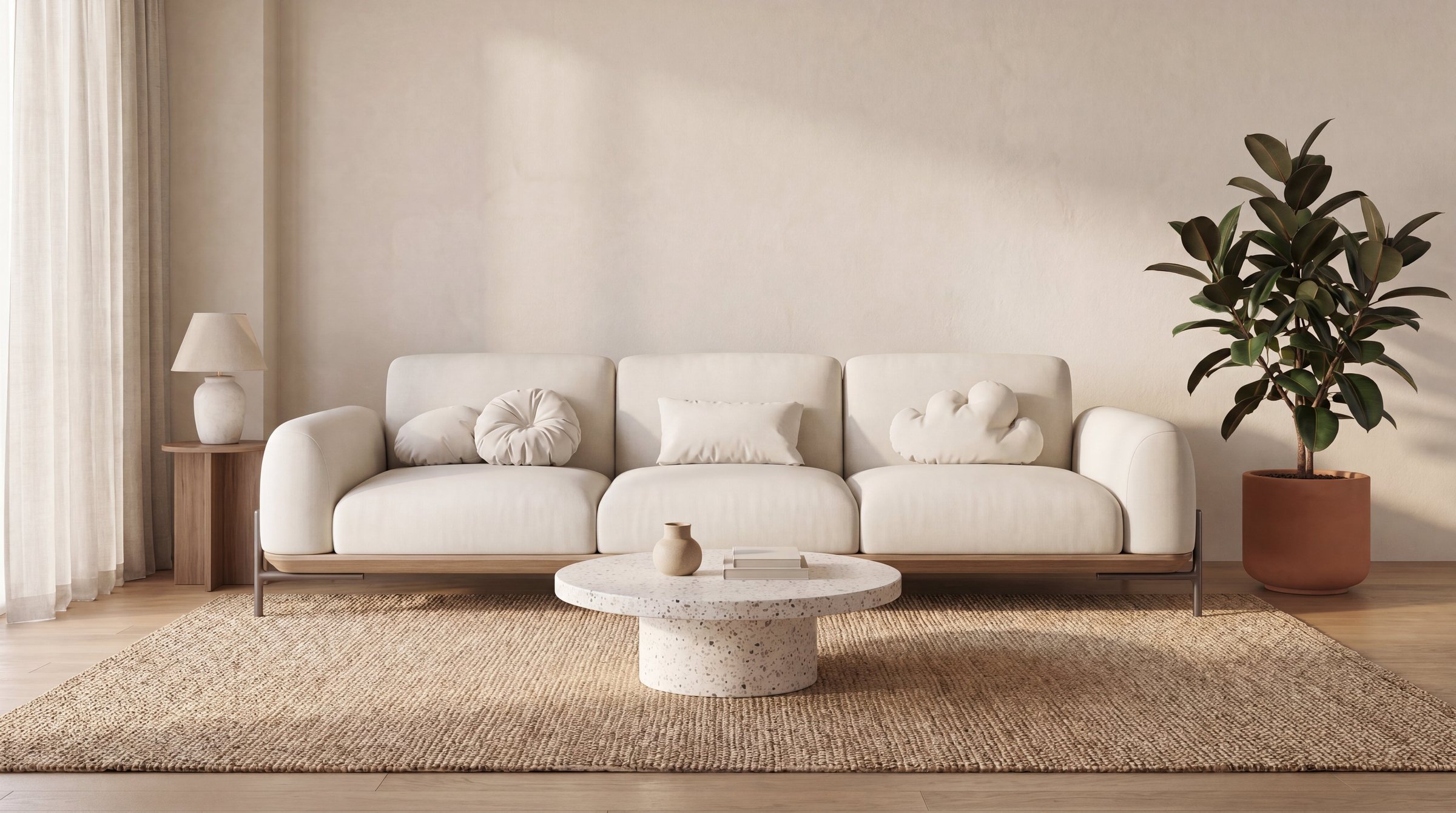 A cream Arelo sofa with a round stone-look coffee table and a fiddle-leaf fig