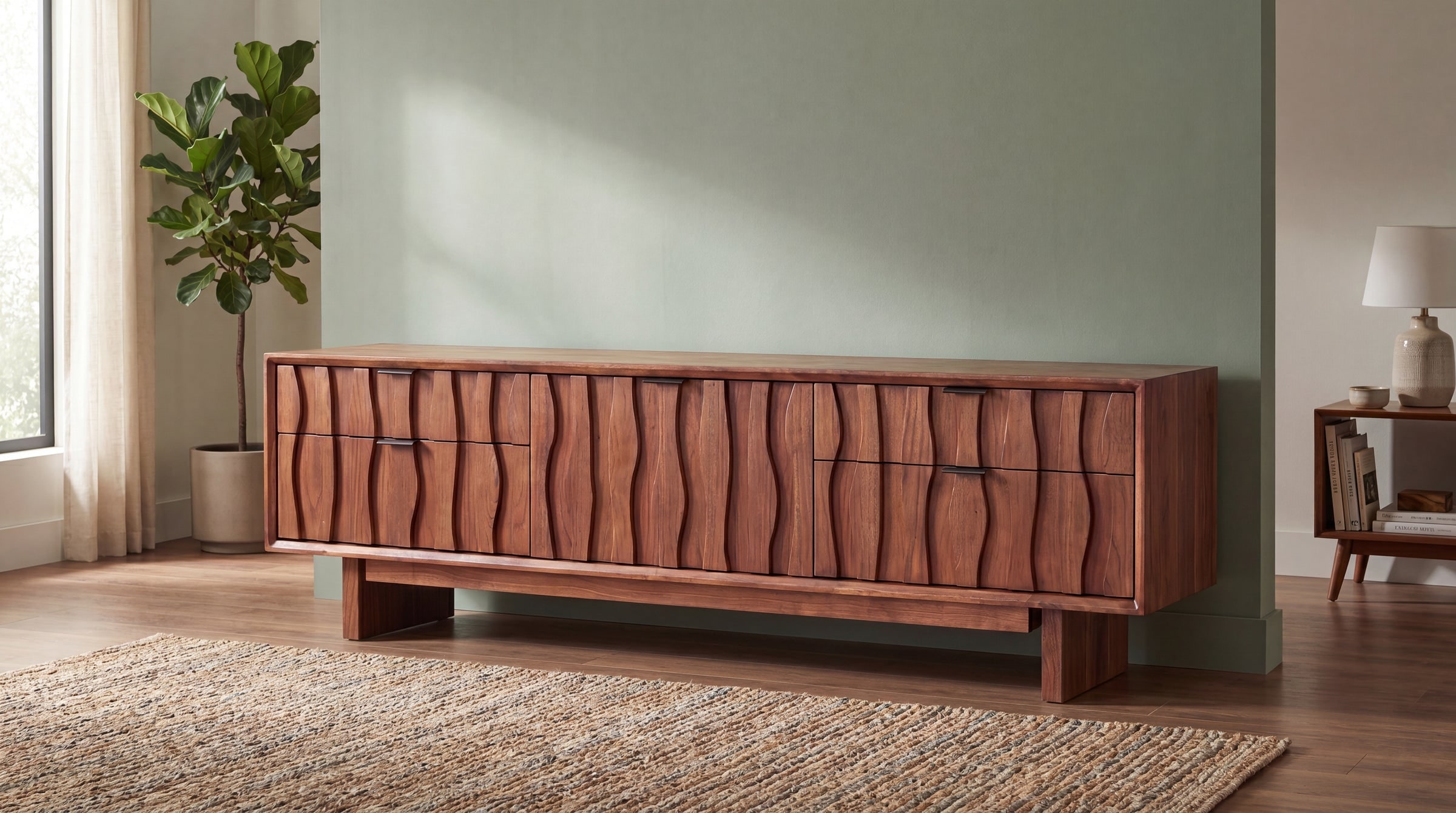A Luril TV console with carved wavy walnut-veneer fronts against a sage wall