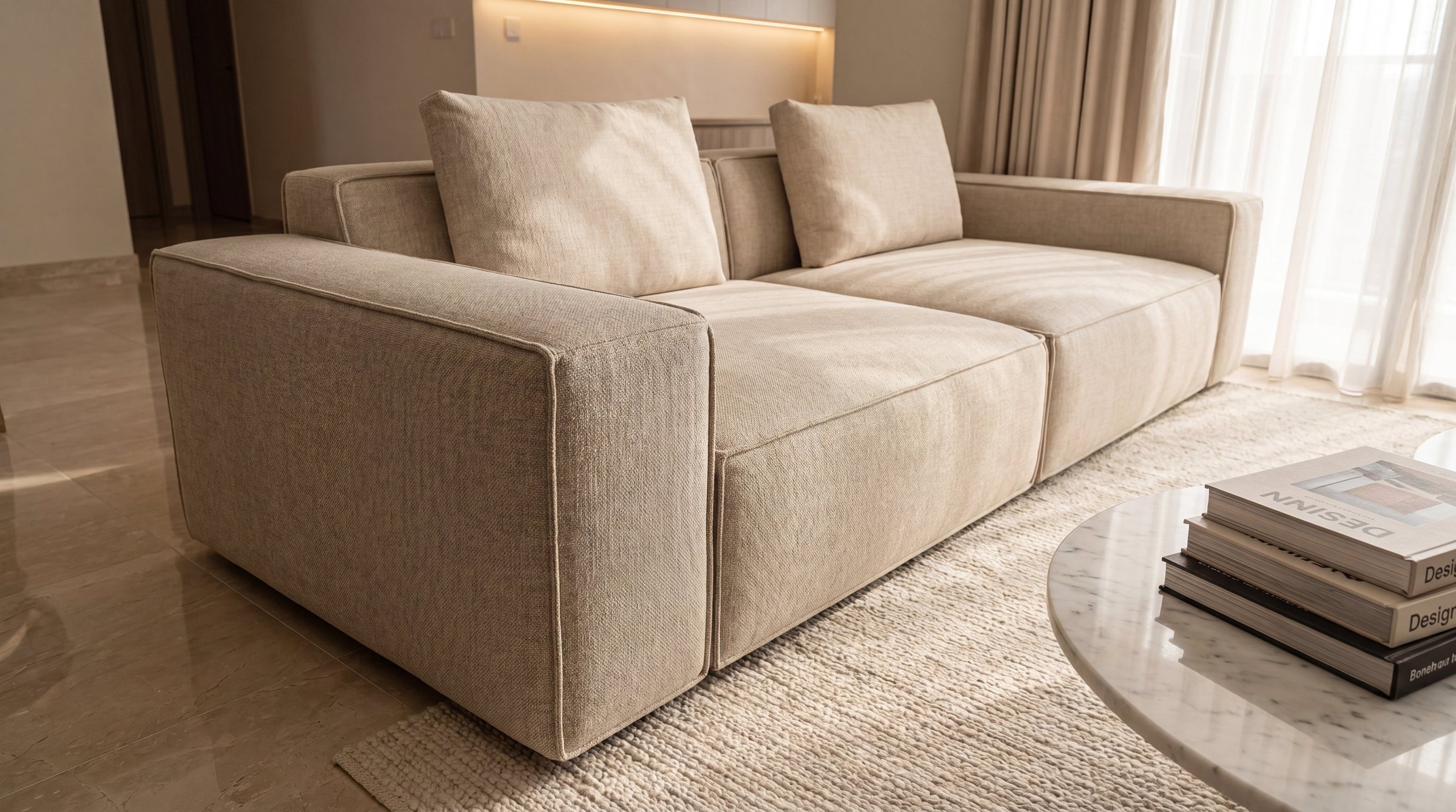A Mava sofa in textured, scratch-resistant oatmeal fabric beside a stone coffee table