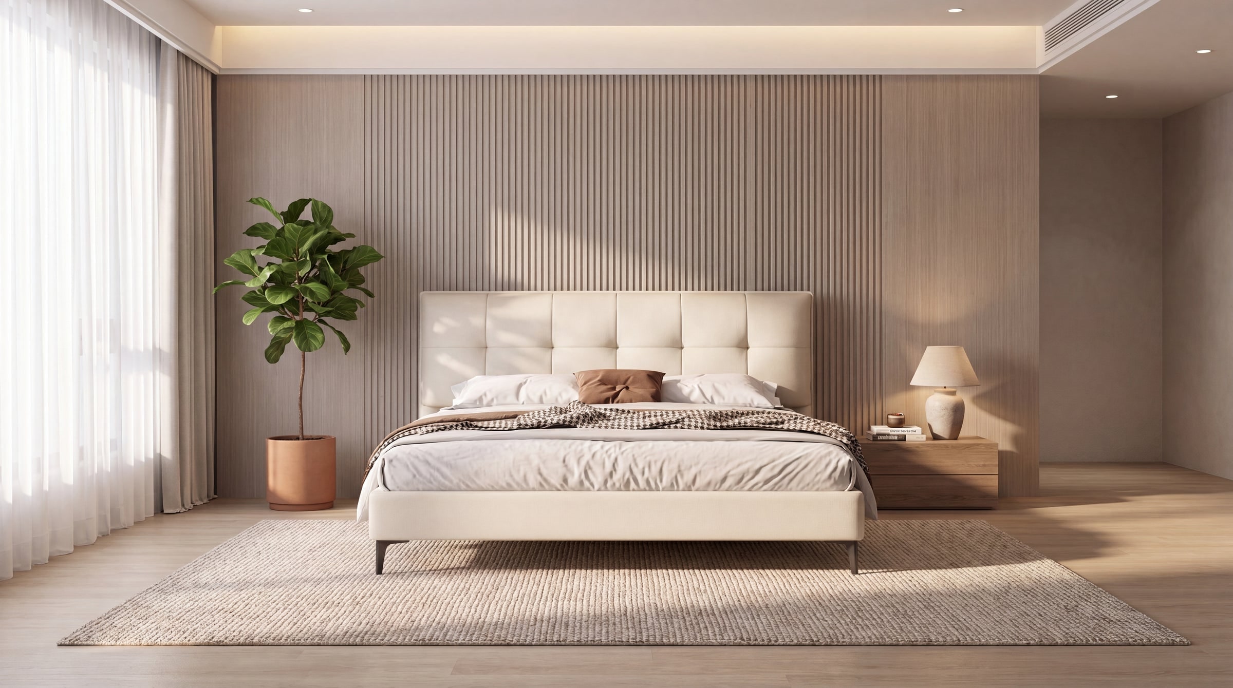 A cream Nubin bed frame with an upholstered headboard in a calm, sunlit bedroom