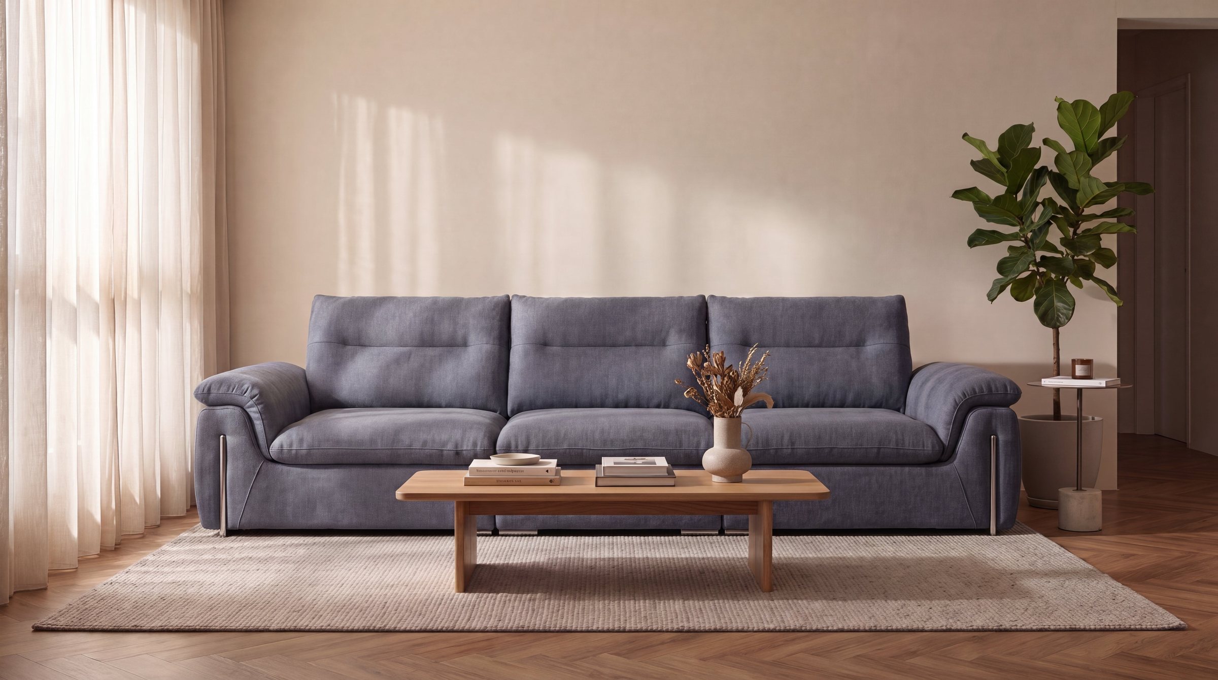 A Ribus sofa in slate blue with a timber coffee table on a herringbone floor