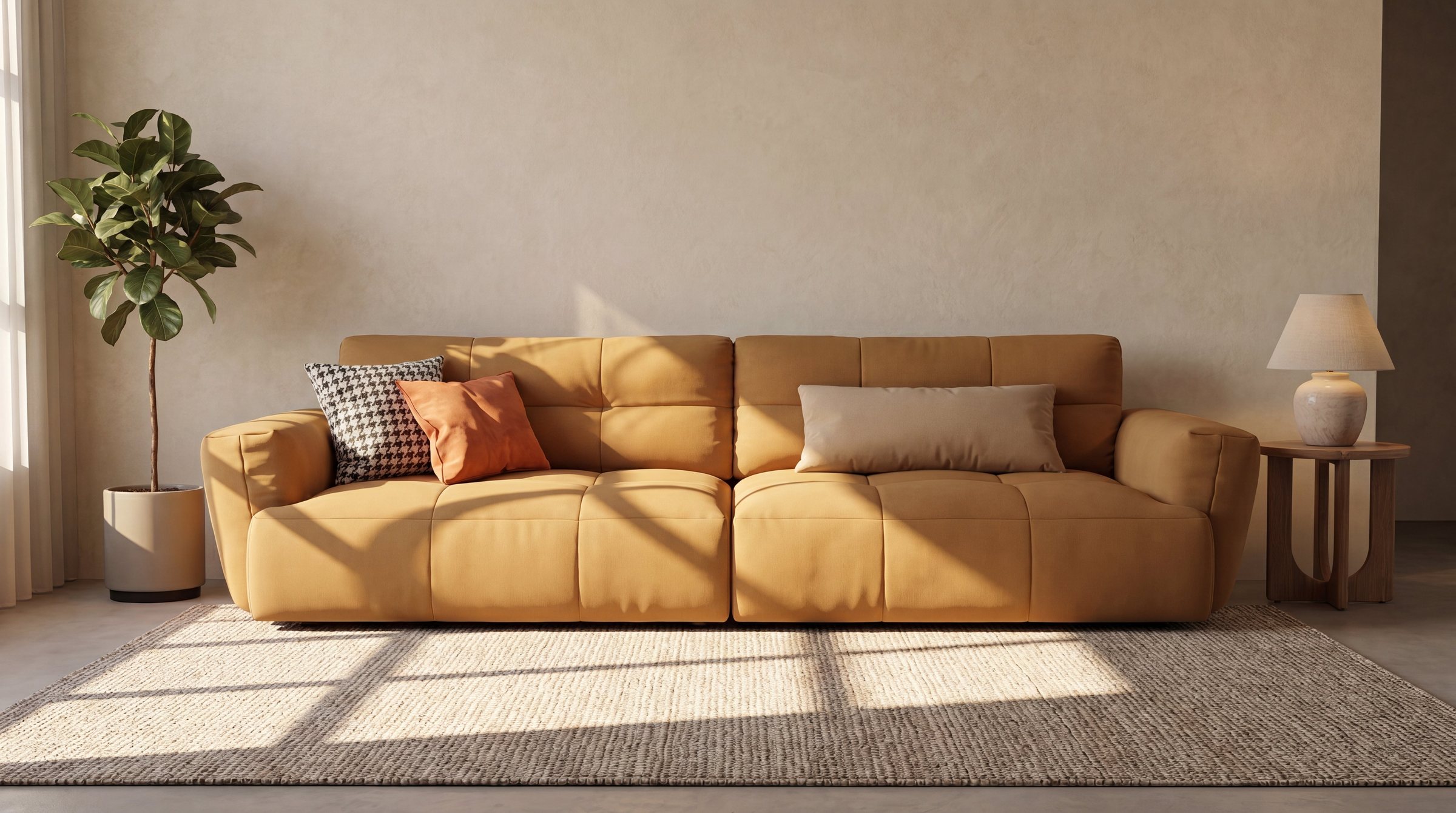 An ochre Rirun sofa against a warm wall in a sunlit living room