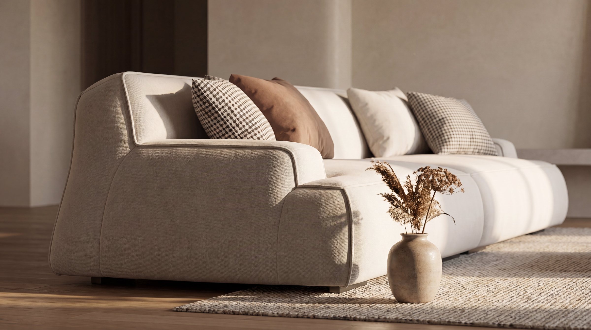 A long Selmo sofa in alabaster with checked and rust-coloured cushions