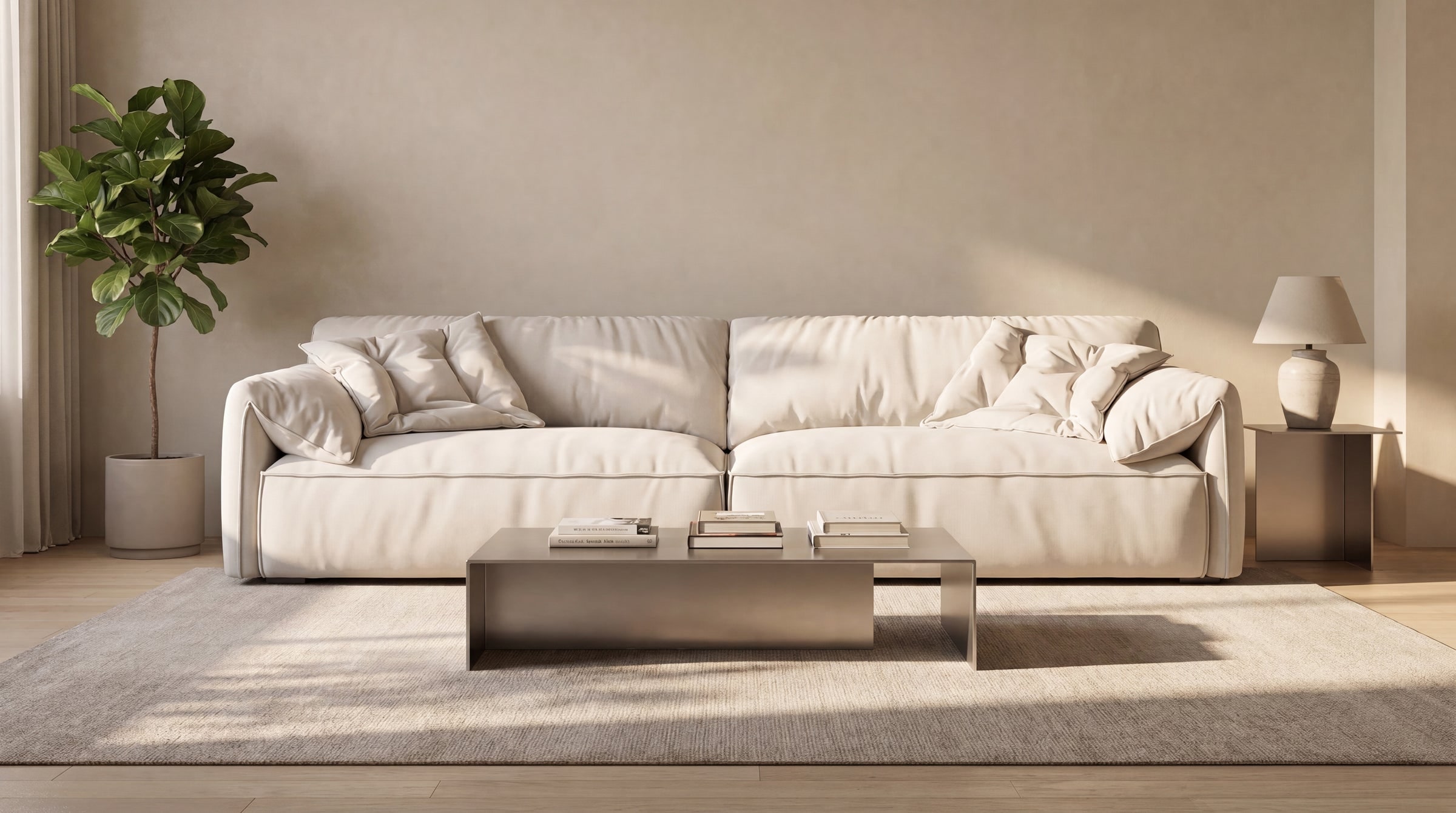 A cream Slova cloud sofa with a low coffee table in a bright living room