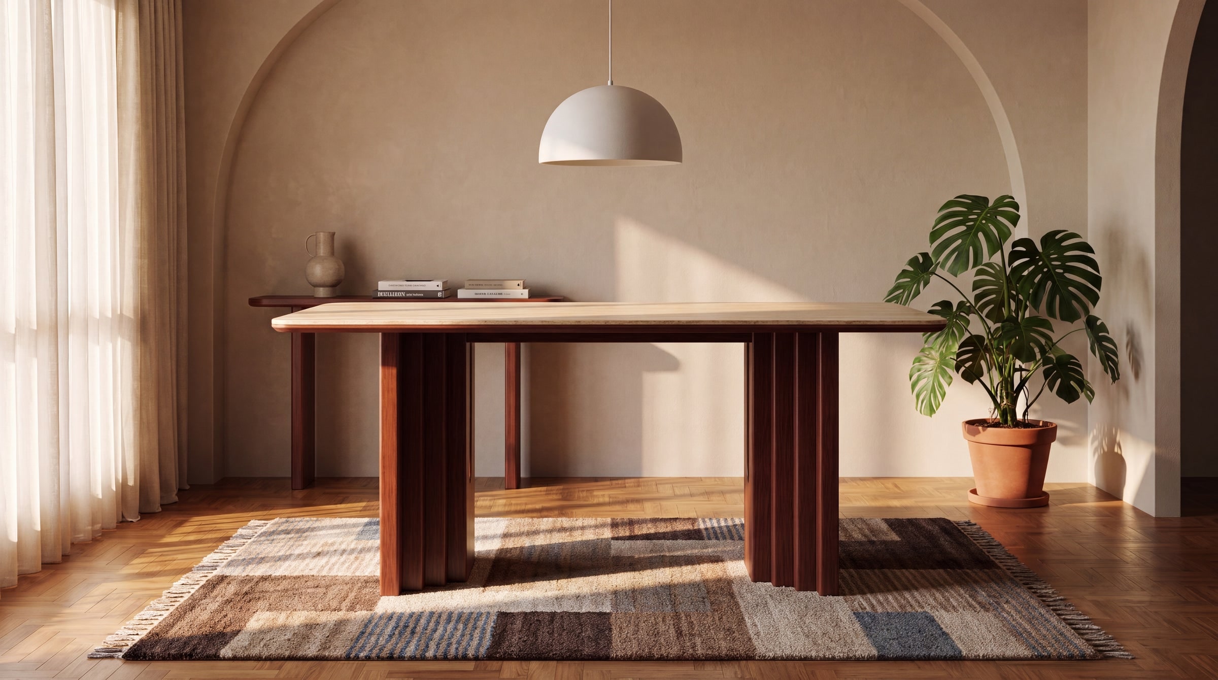 A long Tovu dining table on a patterned rug in a warm dining room