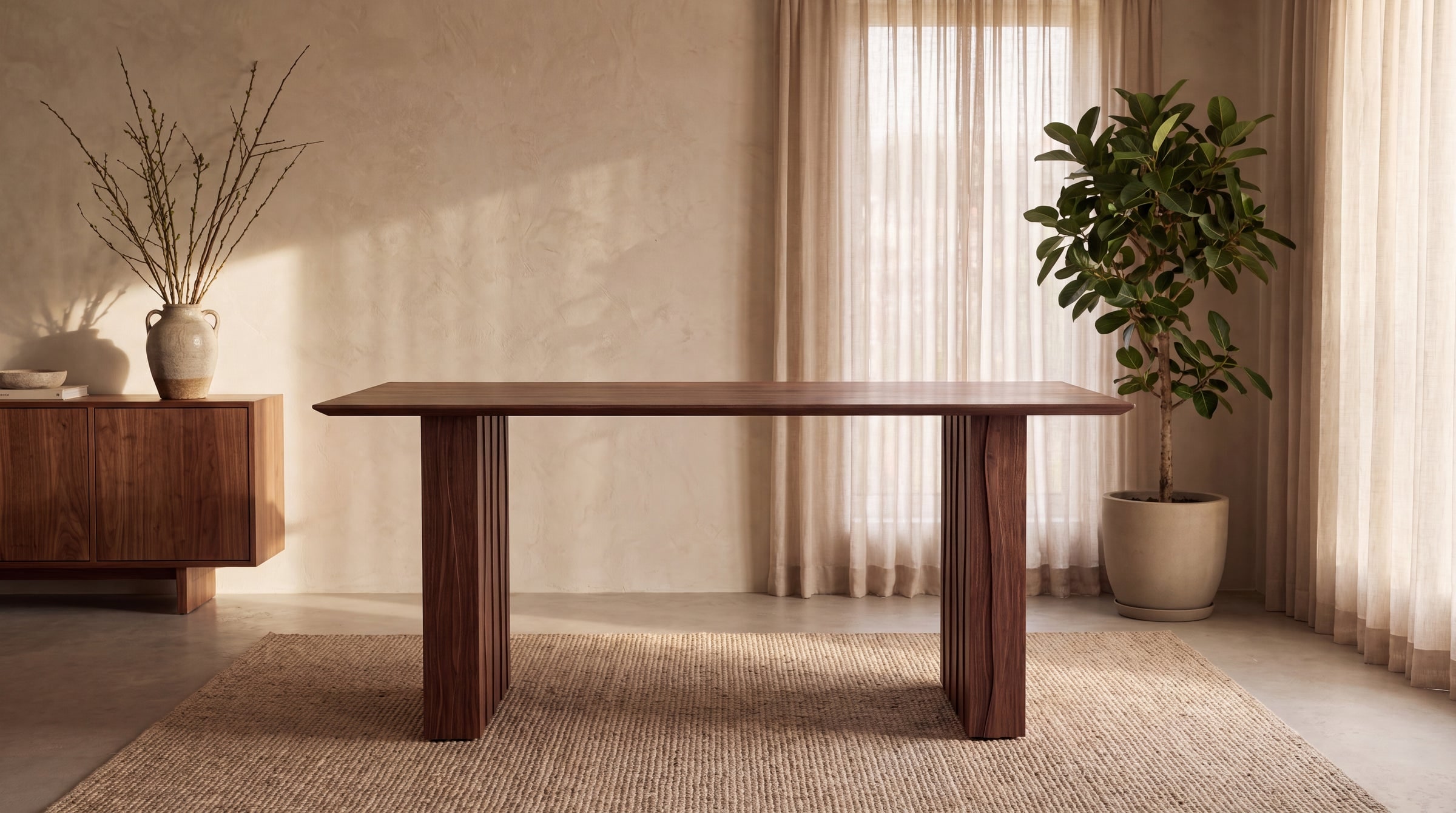 A Vena dining table in warm walnut tones in a sunlit dining room