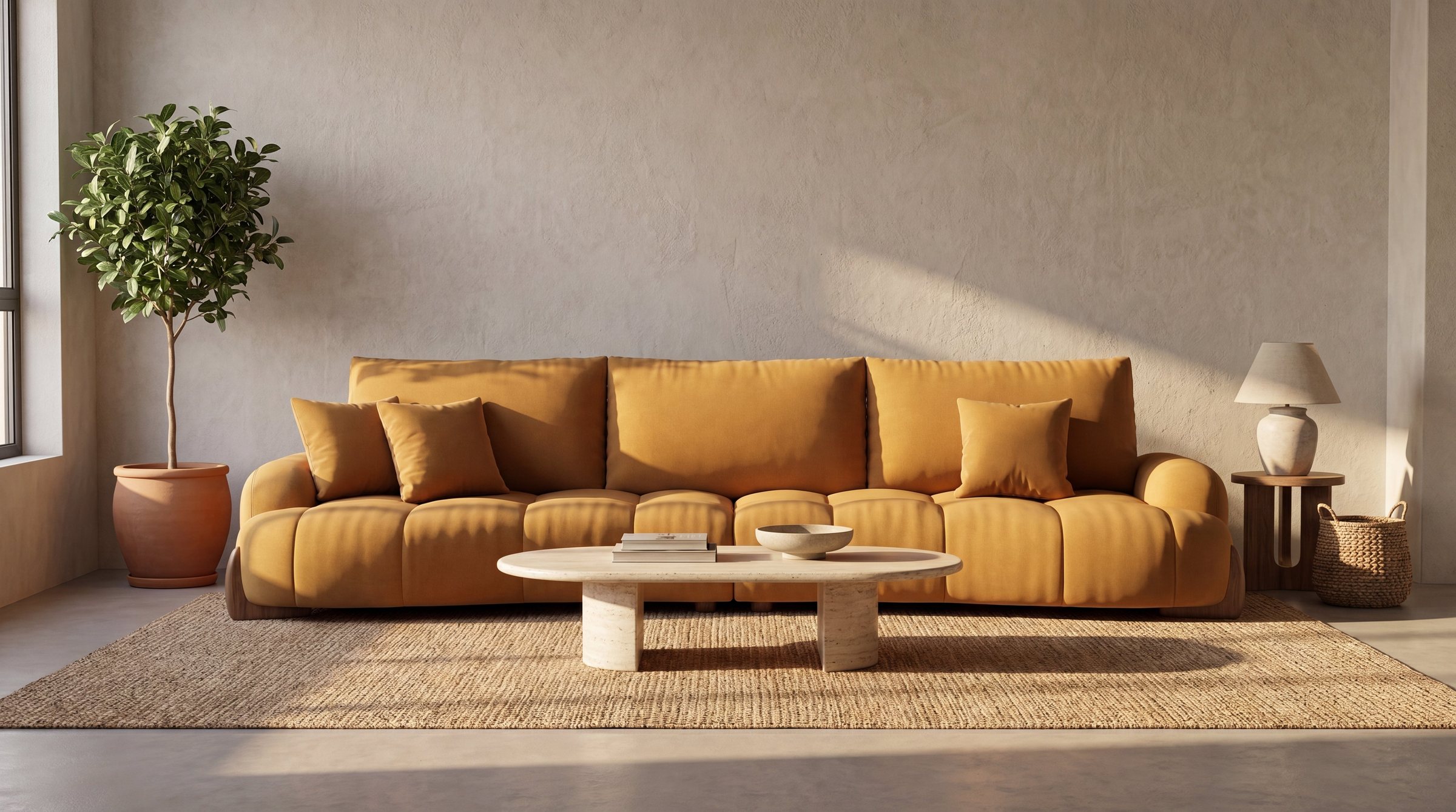An amber Voado sofa and a travertine coffee table in a warm, sunlit living room