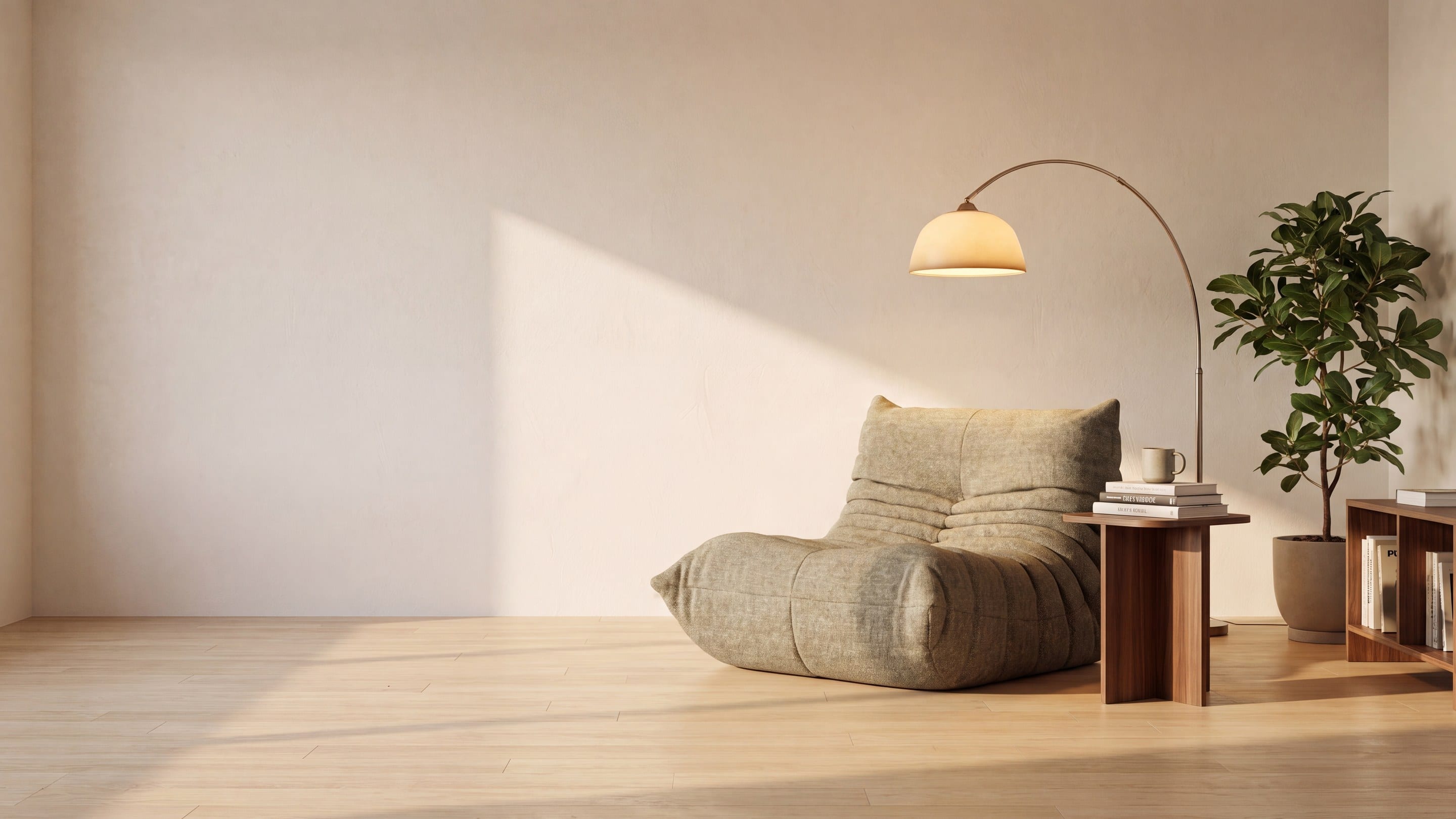 A cosy reading corner with a burnt-orange leather lounge chair