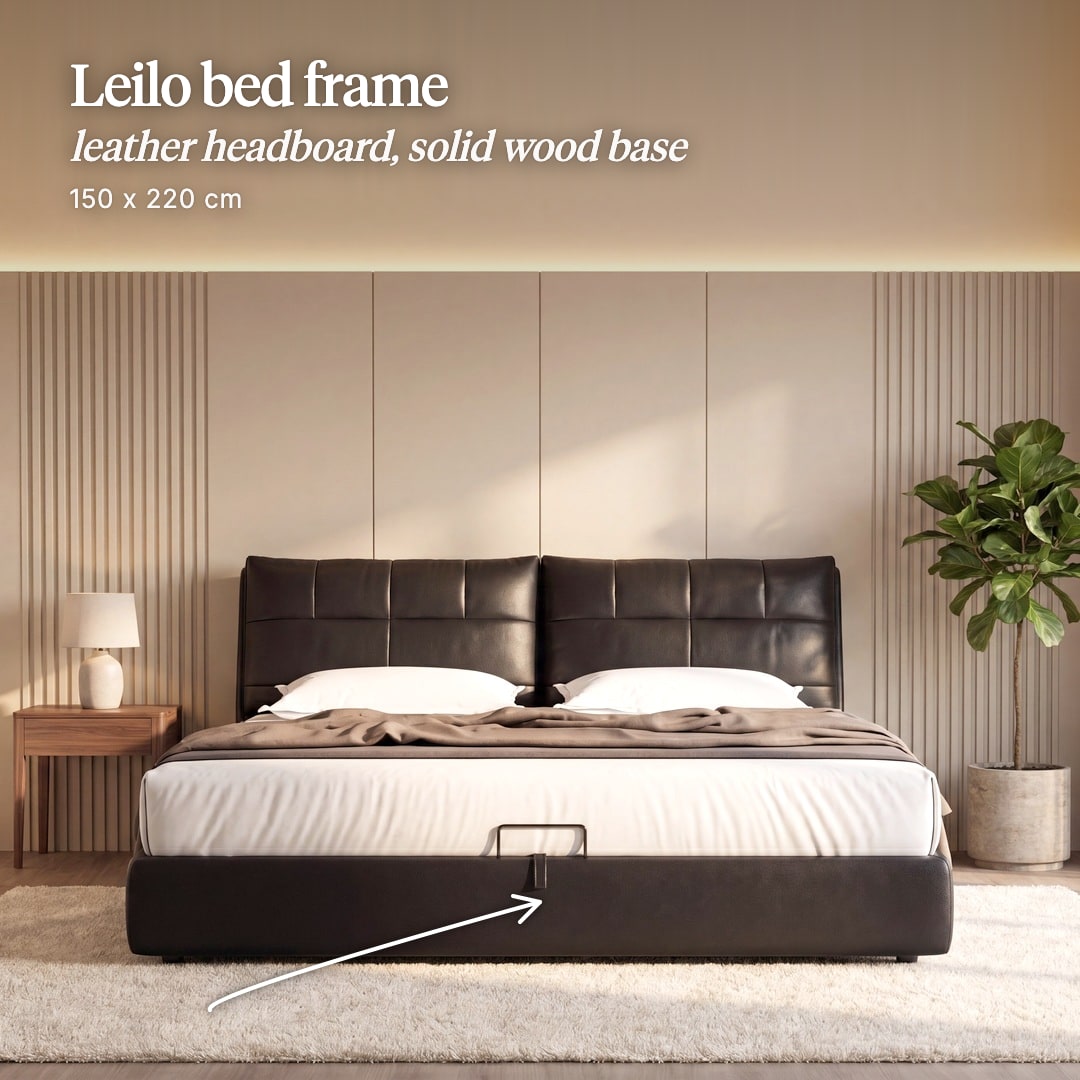 Leilo bed frame with a black leather headboard and a lift-up storage base. The image reads "Leilo bed frame, leather headboard, solid wood base, 150 x 220 cm".