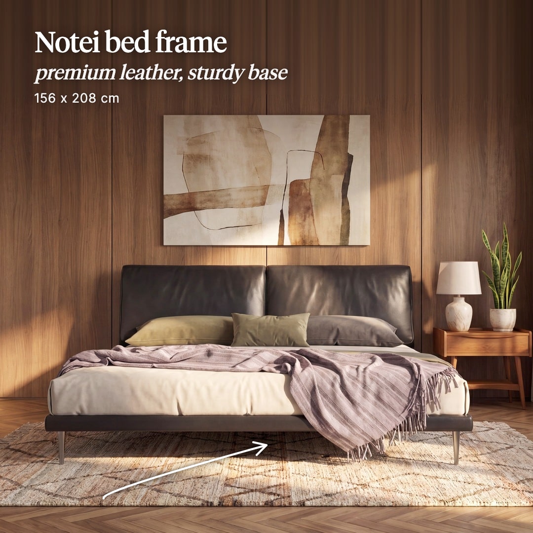 Notei bed frame with a black leather headboard on slim metal legs, against a wood-panelled wall. The image reads "Notei bed frame, premium leather, sturdy base, 156 x 208 cm".