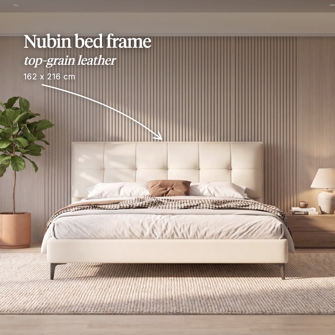 Nubin bed frame in cream with a square-tufted leather headboard. The image reads "Nubin bed frame, top-grain leather, 162 x 216 cm".