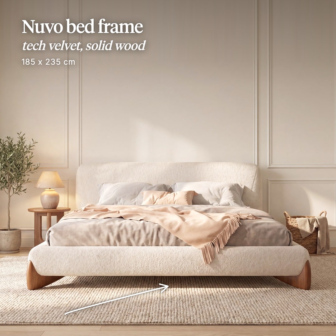 Nuvo bed frame in cream tech velvet on rounded wooden feet. The image reads "Nuvo bed frame, tech velvet, solid wood, 185 x 235 cm".