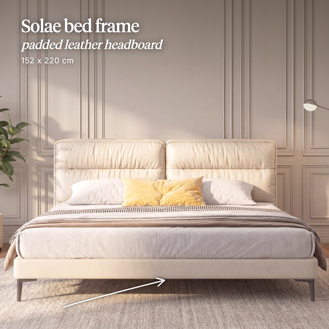 Solae bed frame in cream with a padded leather headboard. The image reads "Solae bed frame, padded leather headboard, 152 x 220 cm".