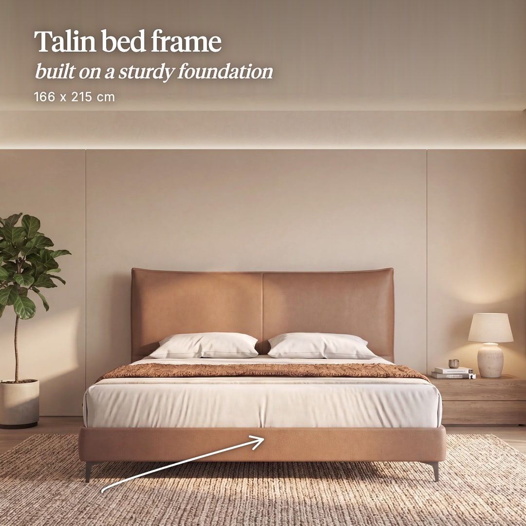 Talin bed frame in cognac leather with a tall two-panel headboard. The image reads "Talin bed frame, built on a sturdy foundation, 166 x 215 cm".