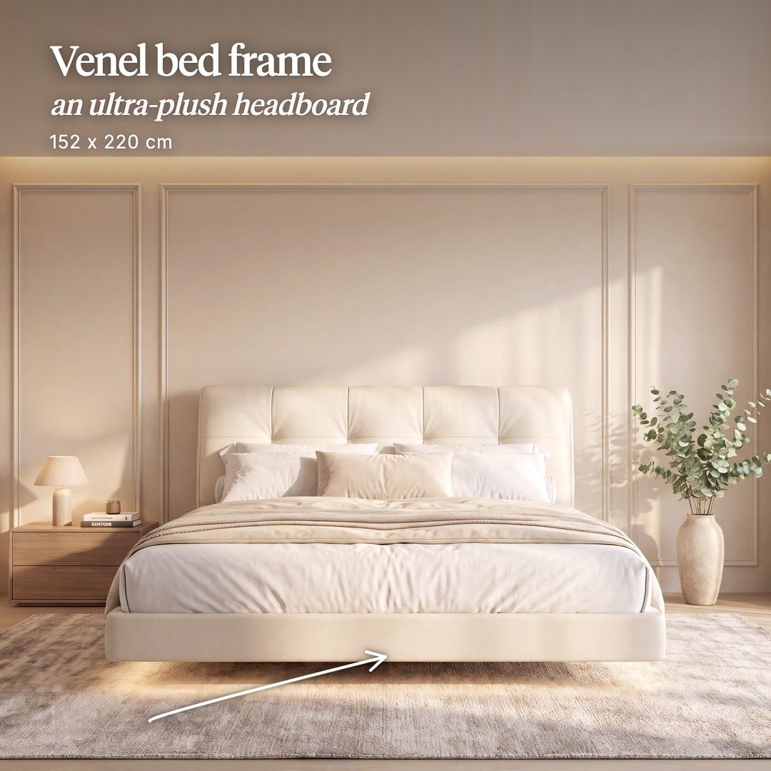 Venel bed frame in cream with a tufted headboard. The image reads "Venel bed frame, an ultra-plush headboard, 152 x 220 cm".