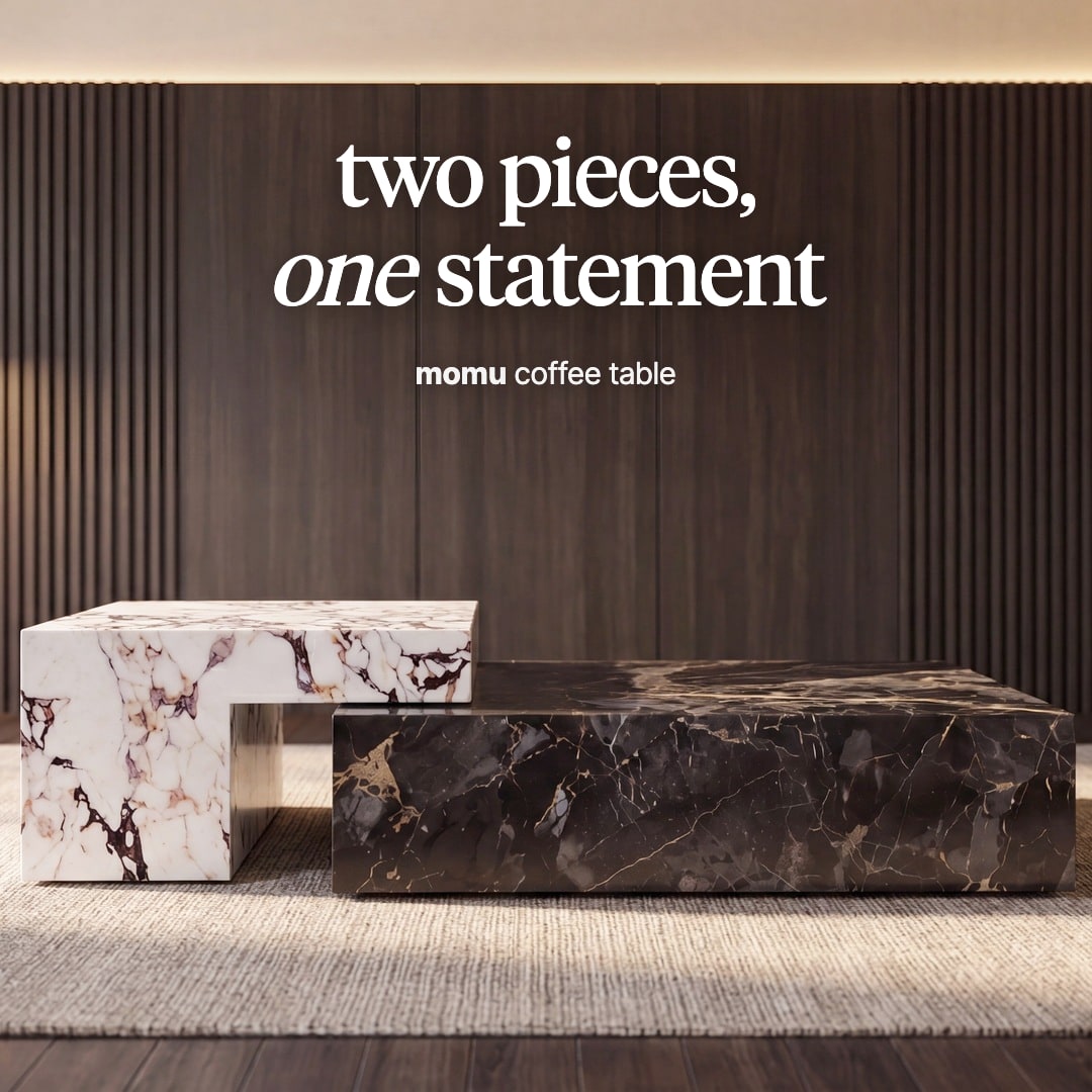 Momu two-piece coffee table, one light and one dark veined block set together. The image reads "two pieces, one statement, momu coffee table".