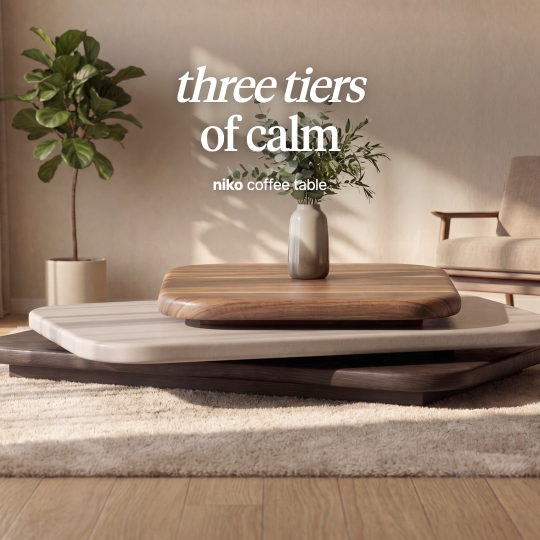 Niko coffee table with three stacked tops in walnut, greige and black. The image reads "three tiers of calm, niko coffee table".