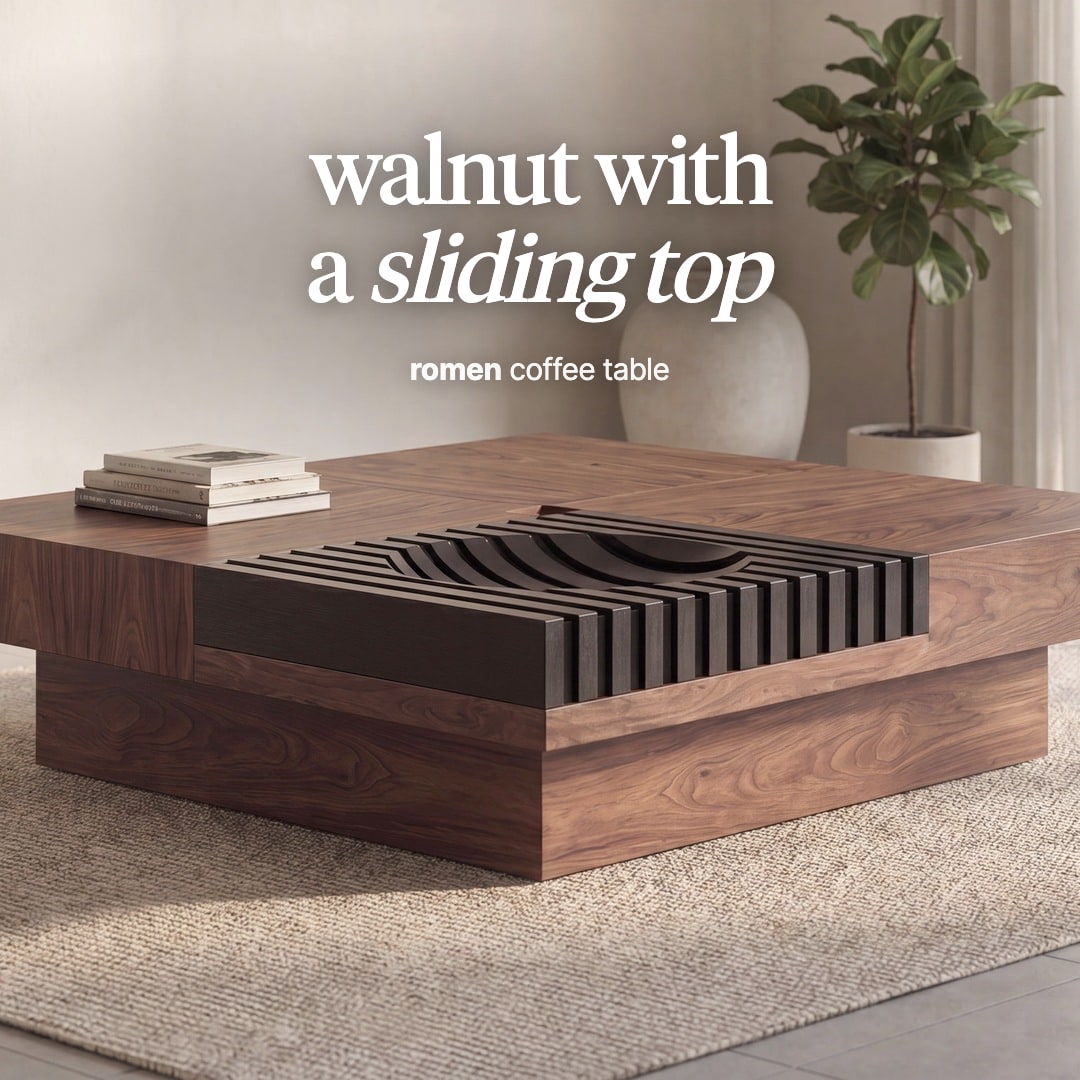 Romen square coffee table in walnut veneer with a dark slatted sliding panel in the top. The image reads "walnut with a sliding top, romen coffee table".