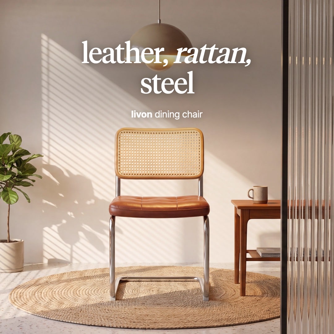 Livon dining chair with a rattan back, a tan leather seat and a polished steel cantilever frame. The image reads "leather, rattan, steel, livon dining chair".