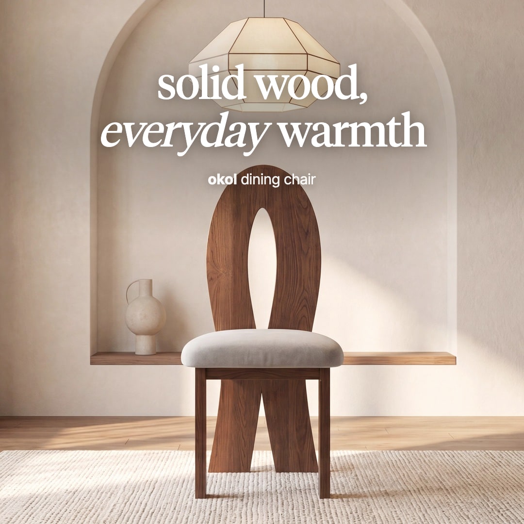 Okol dining chair with a looped wooden back and a grey upholstered seat. The image reads "solid wood, everyday warmth, okol dining chair".