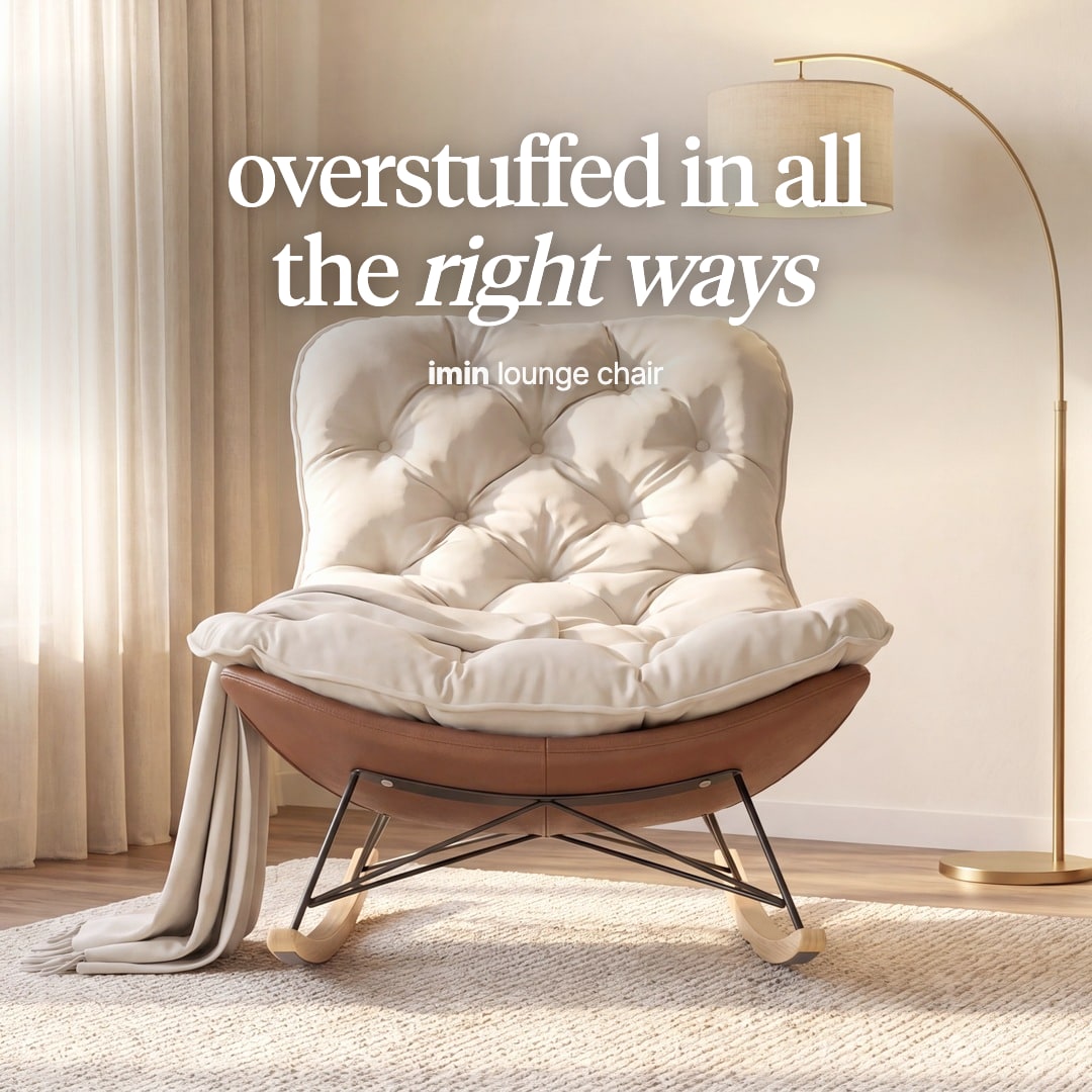 Imin lounge chair with a tufted cream cushion on a curved tan shell. The image reads "overstuffed in all the right ways, imin lounge chair".
