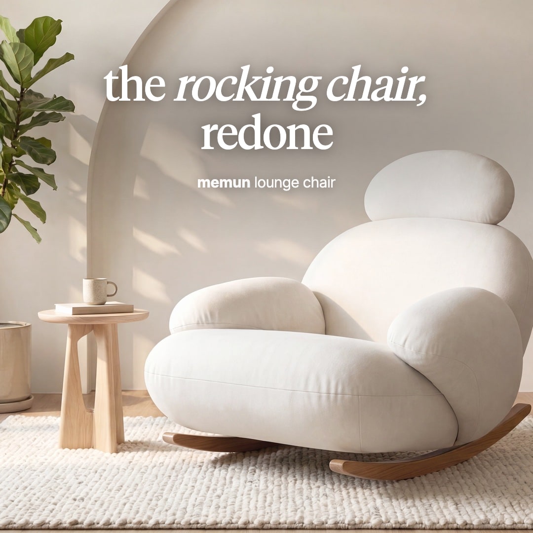 Memun rocking lounge chair in cream fabric with rounded cushions on wooden rockers. The image reads "the rocking chair, redone, memun lounge chair".