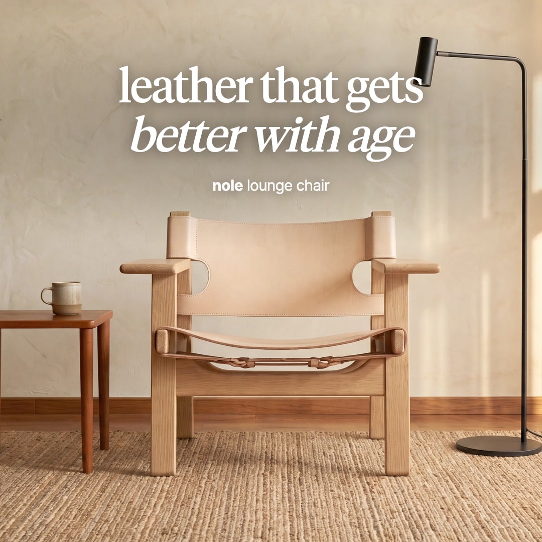 Nole lounge chair with a pale ash frame and a natural saddle-leather seat and back. The image reads "leather that gets better with age, nole lounge chair".