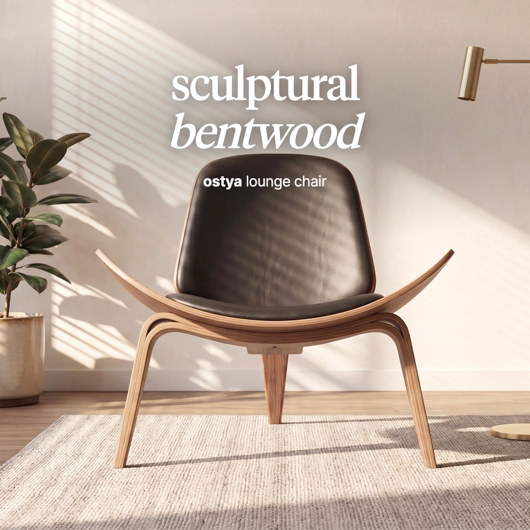 Ostya lounge chair with a curved bentwood shell, three legs and a dark seat cushion. The image reads "sculptural bentwood, ostya lounge chair".