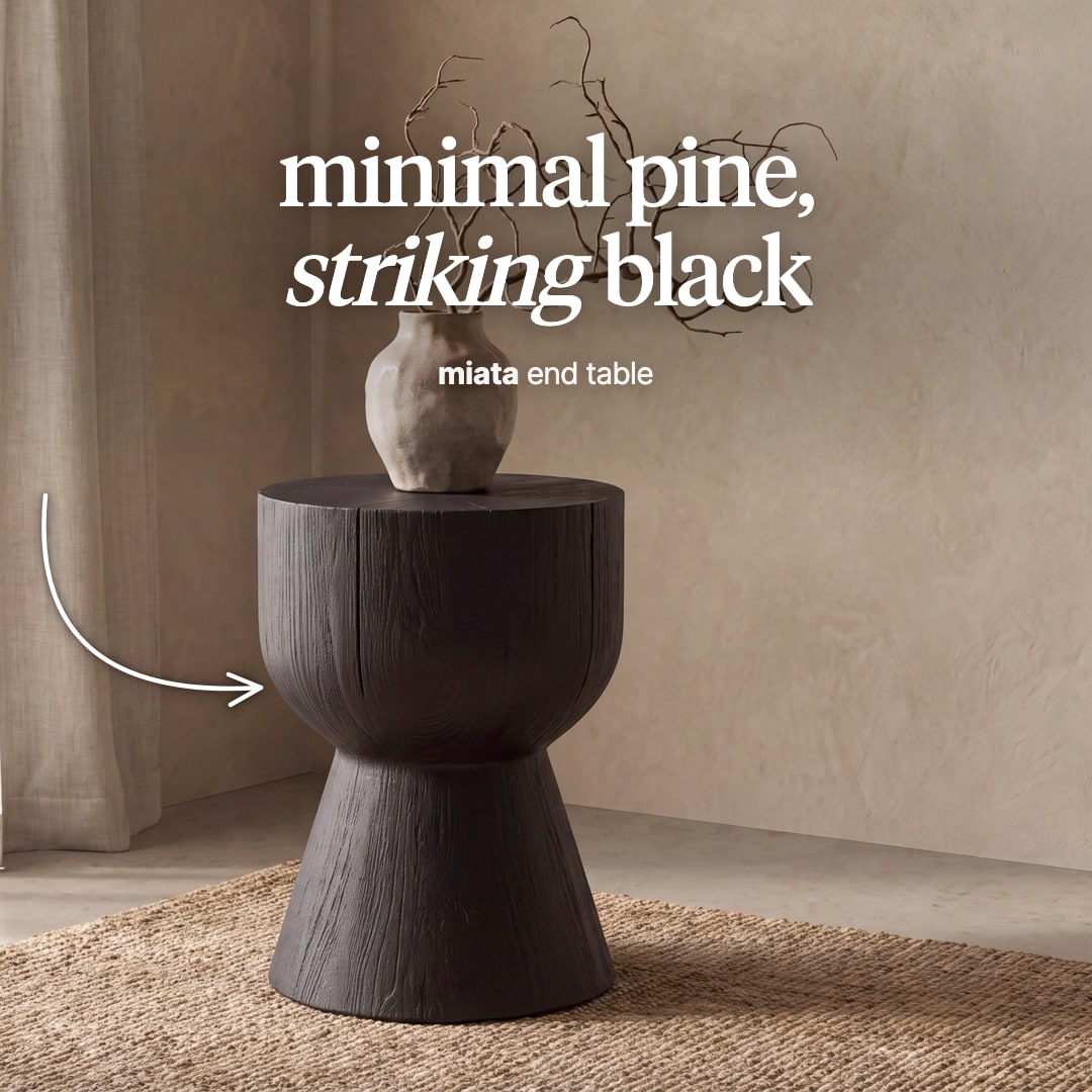 Miata side table in black pine with an hourglass profile. The image reads "minimal pine, striking black, miata end table".