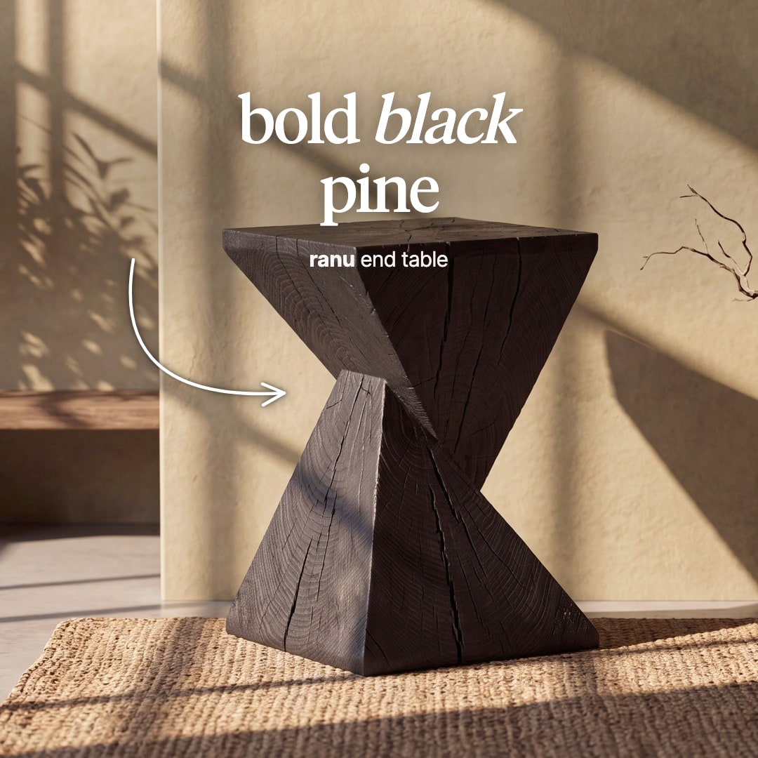 Ranu side table in black pine, two pyramids meeting at a twist. The image reads "bold black pine, ranu end table".