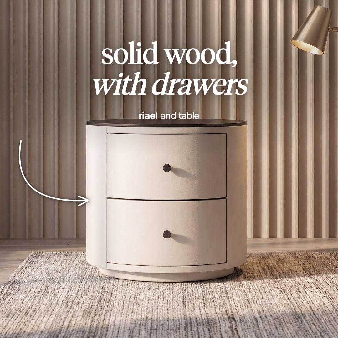 Riael round side table in greige with two drawers and a dark top. The image reads "solid wood, with drawers, riael end table".