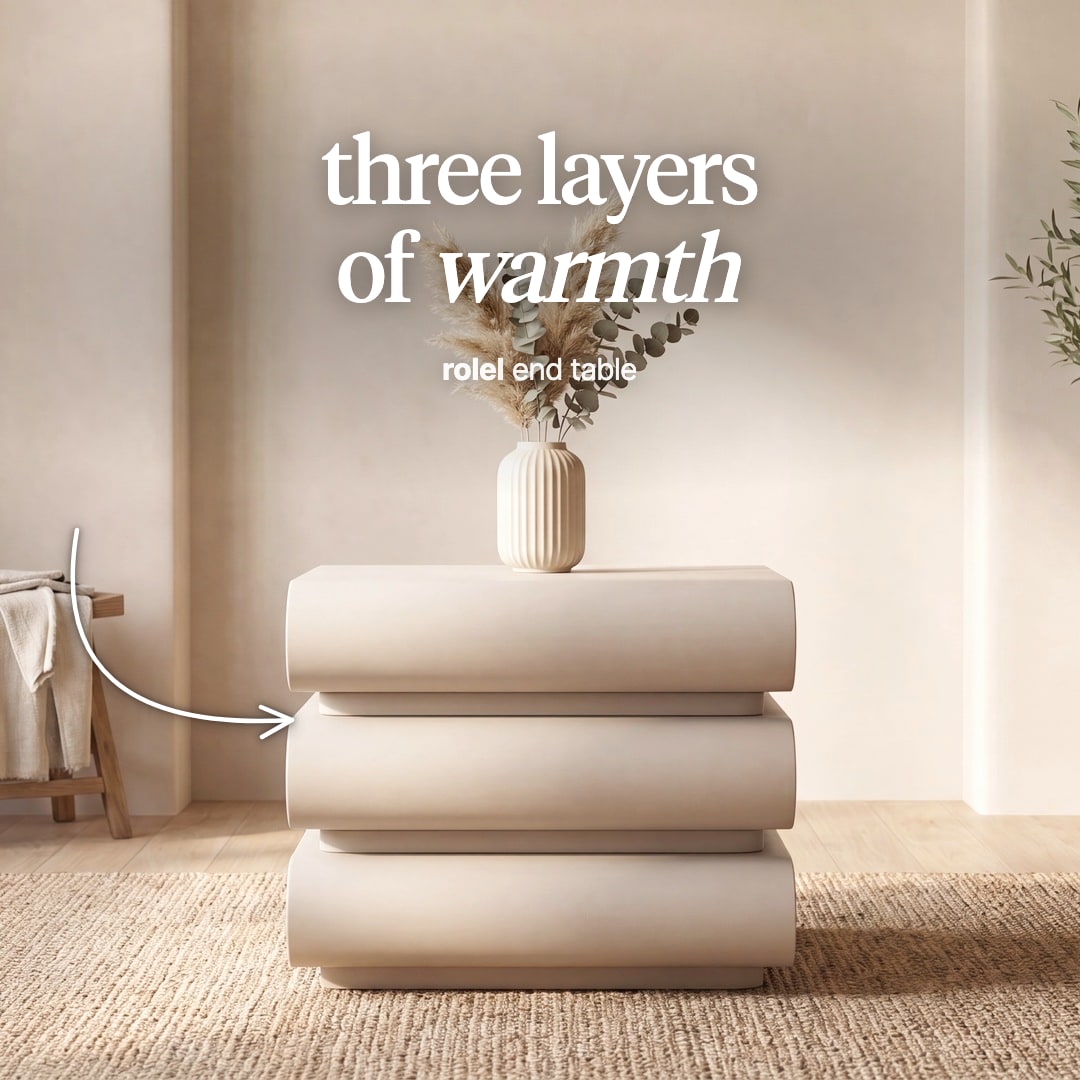 Rolel side table in cream with three stacked, rounded layers. The image reads "three layers of warmth, rolel end table".
