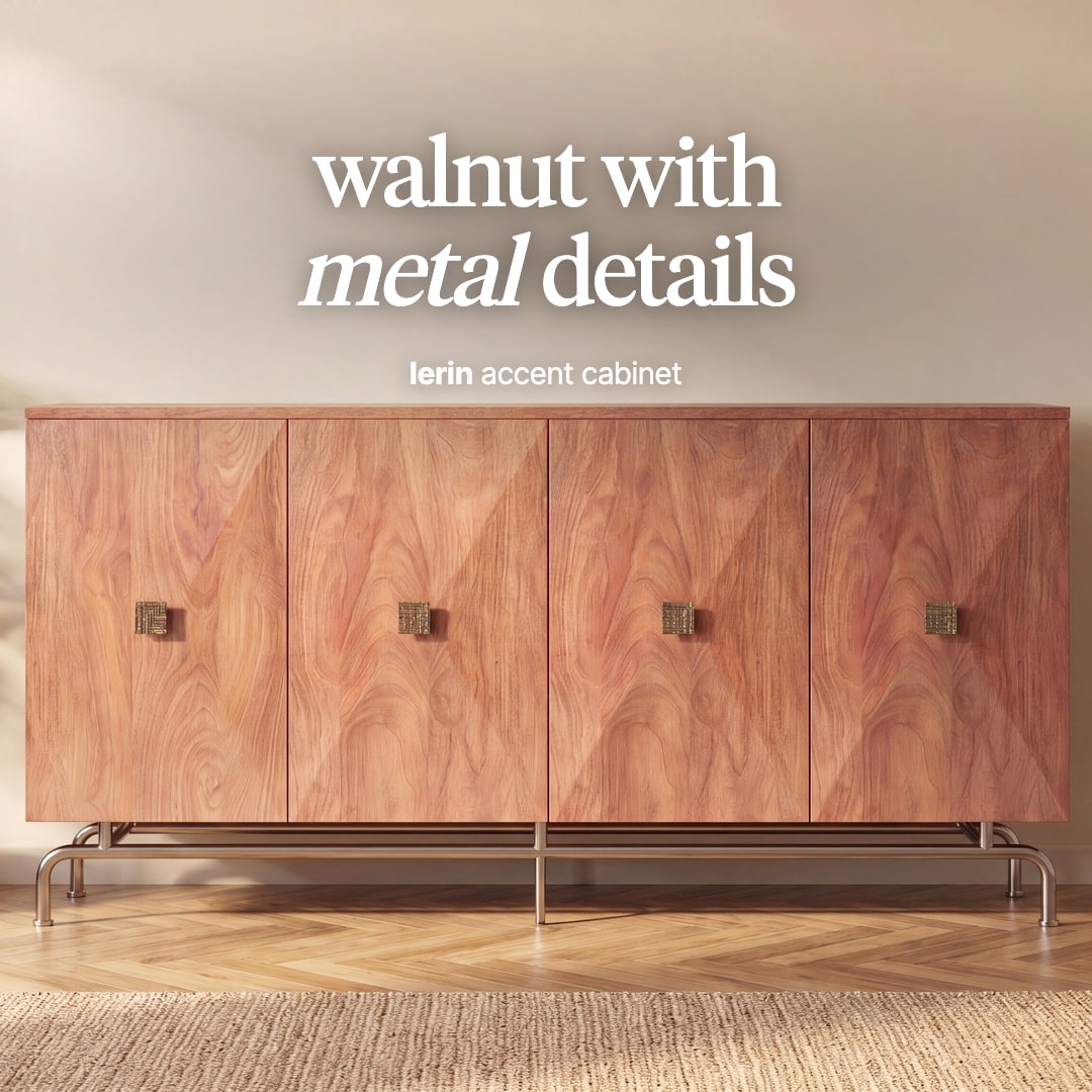 Lerin sideboard with four walnut veneer doors, square metal handles and a metal base. The image reads "walnut with metal details, lerin accent cabinet".