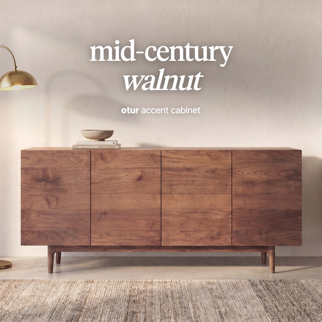 Otur sideboard in walnut veneer with four flat doors on tapered legs. The image reads "mid-century walnut, otur accent cabinet".
