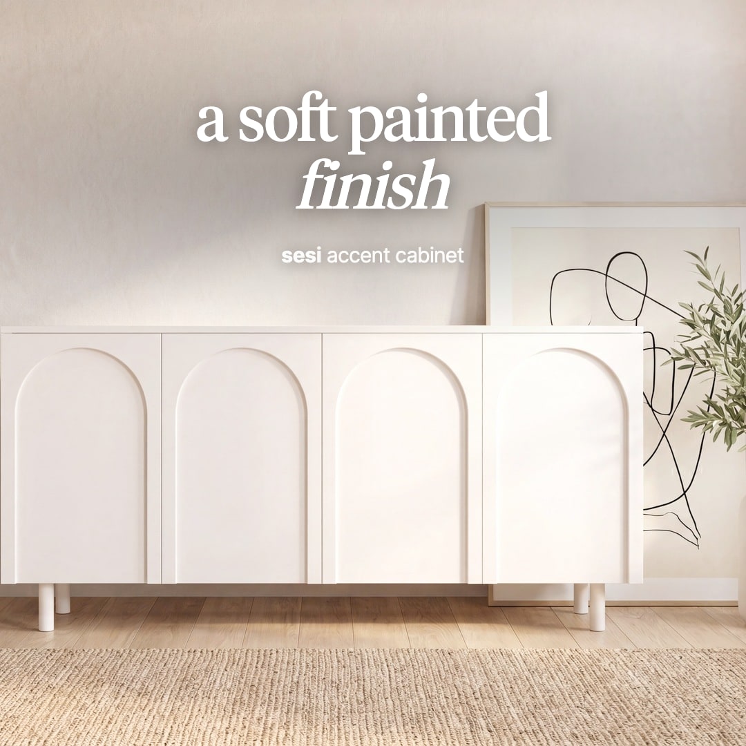 Sesi sideboard in cream paint with arched door panels. The image reads "a soft painted finish, sesi accent cabinet".