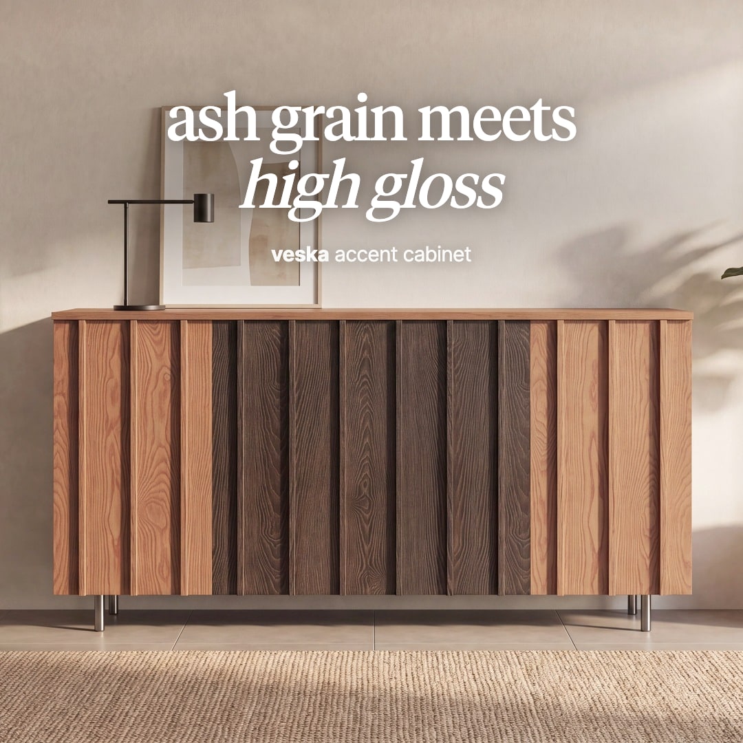 Veska sideboard with vertical ash-grain panels in two tones on slim metal legs. The image reads "ash grain meets high gloss, veska accent cabinet".