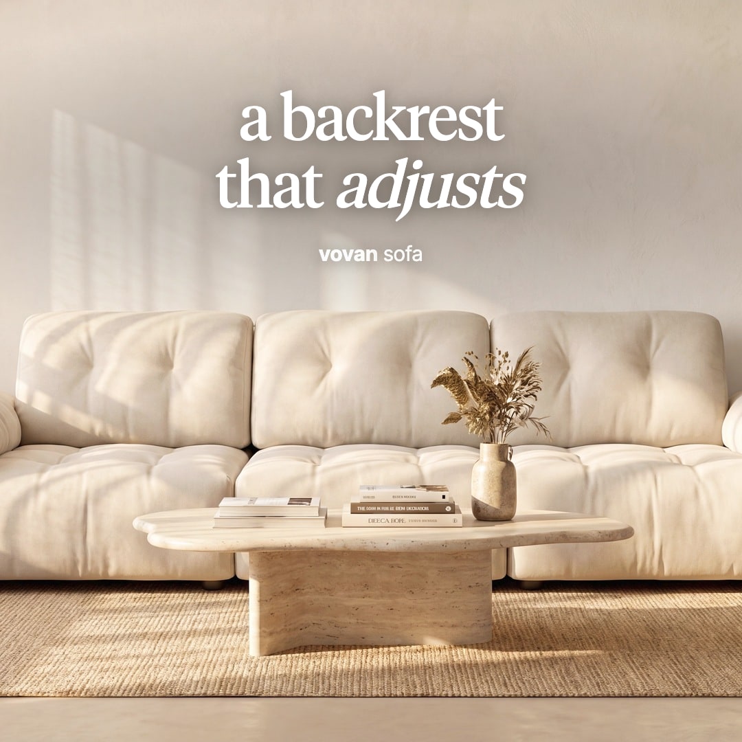 Vovan sofa in cream with deep tufted cushions behind a low coffee table. The image reads "a backrest that adjusts, vovan sofa".
