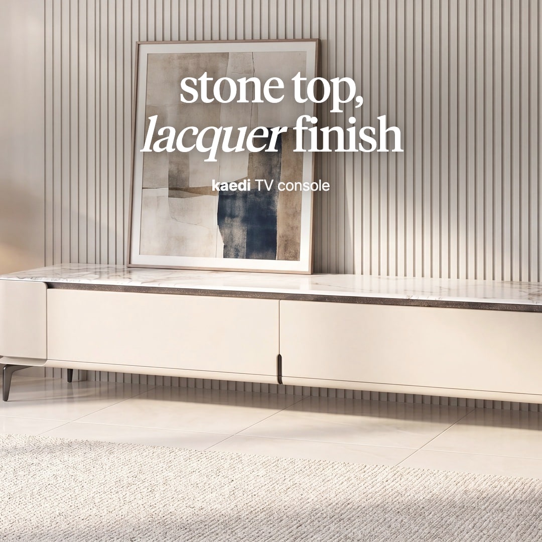 Kaedi TV console in greige lacquer with a white stone top. The image reads "stone top, lacquer finish, kaedi TV console".