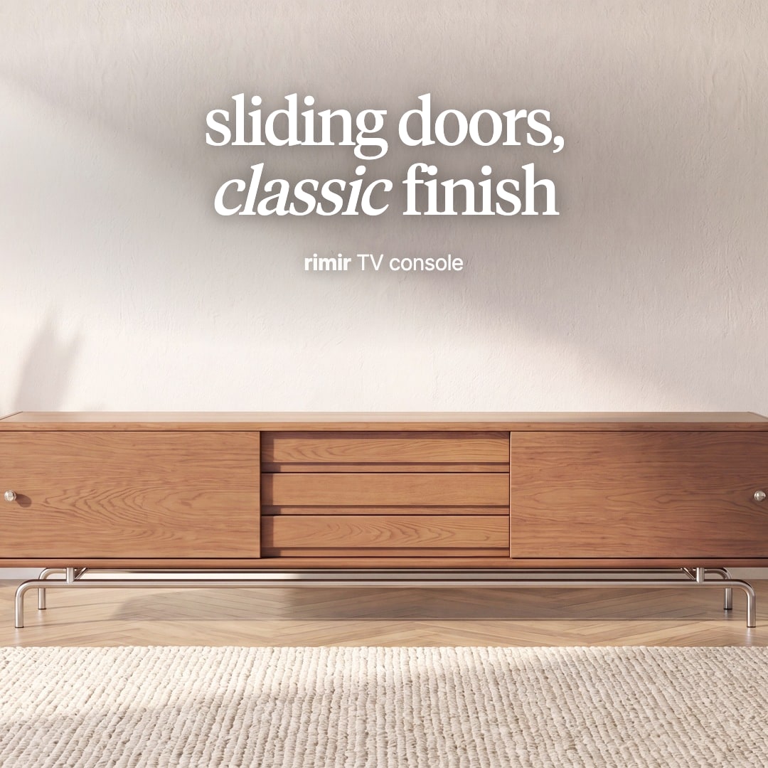 Rimir TV console in an oak tone with two sliding doors, three drawers and a slim steel base. The image reads "sliding doors, classic finish, rimir TV console".