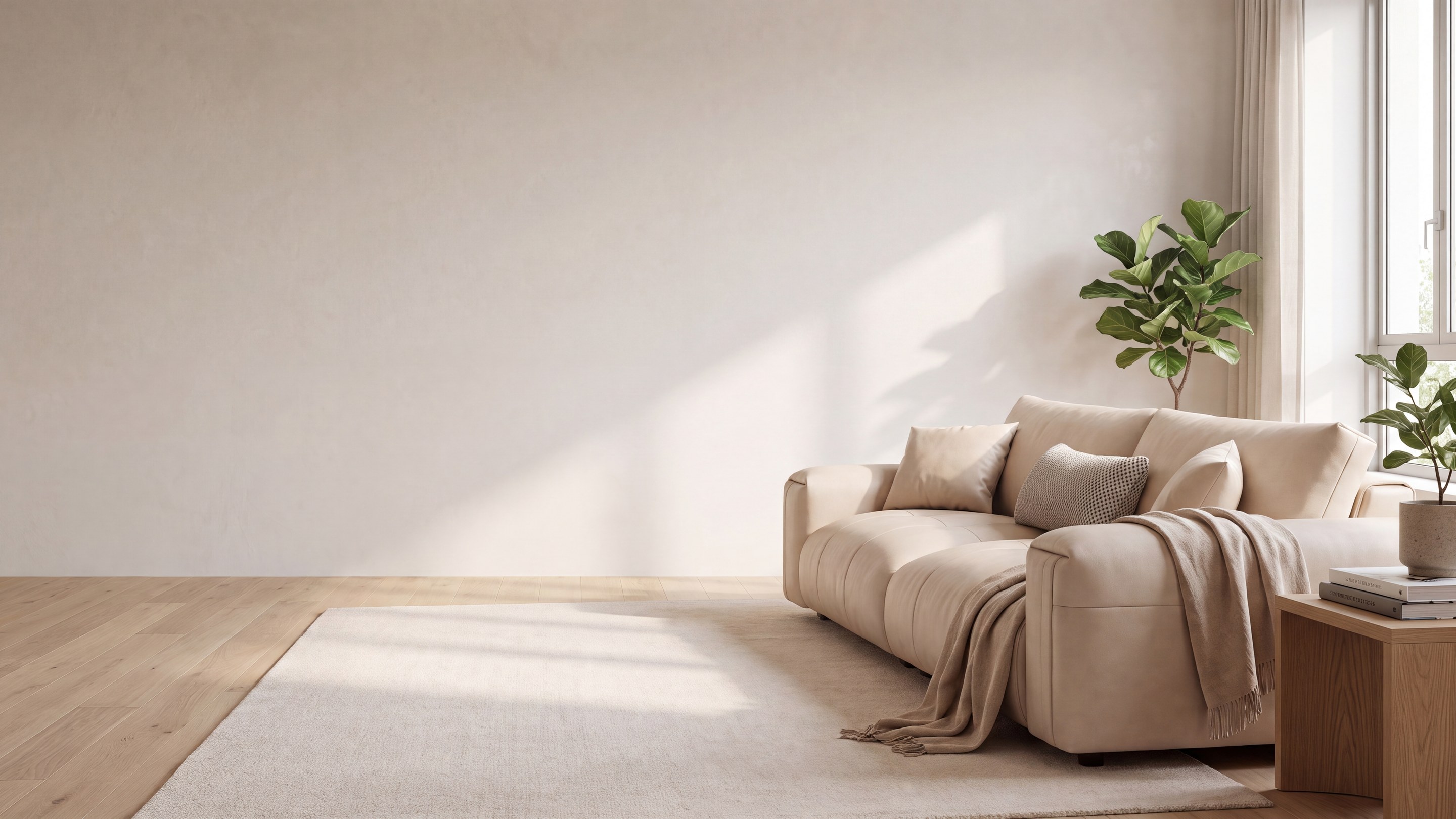 A sunlit Vella living room with a cream sofa, throw, and fiddle-leaf fig