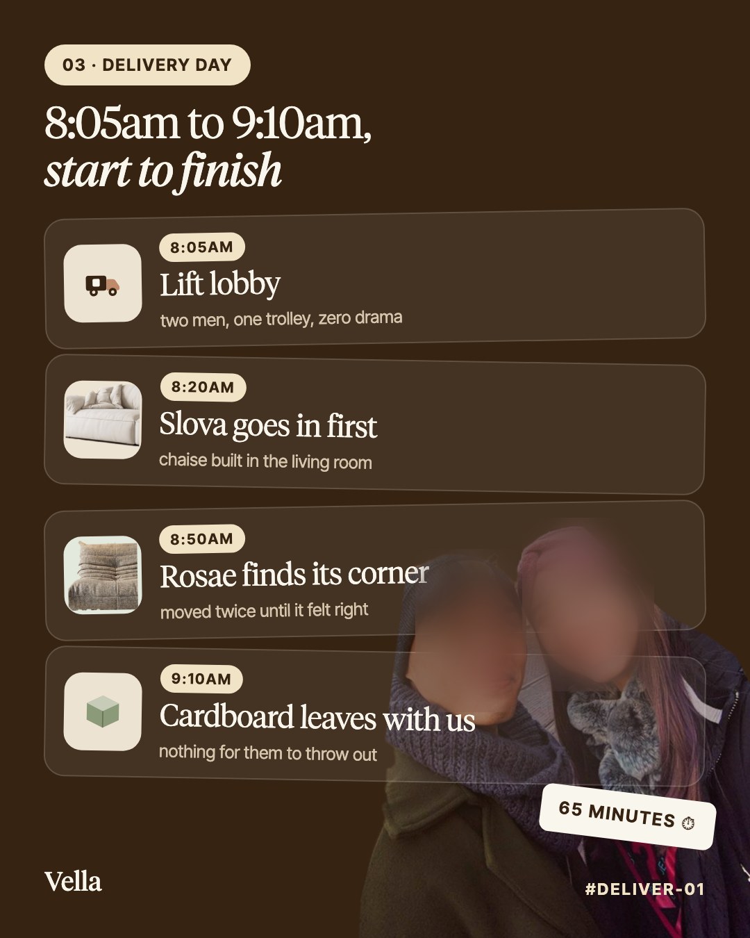 Delivery diary #01, delivery day, 8:05am to 9:10am: lift lobby with two men and one trolley, the Slova goes in first, the Rosae finds its corner, and the cardboard leaves with us. 65 minutes.