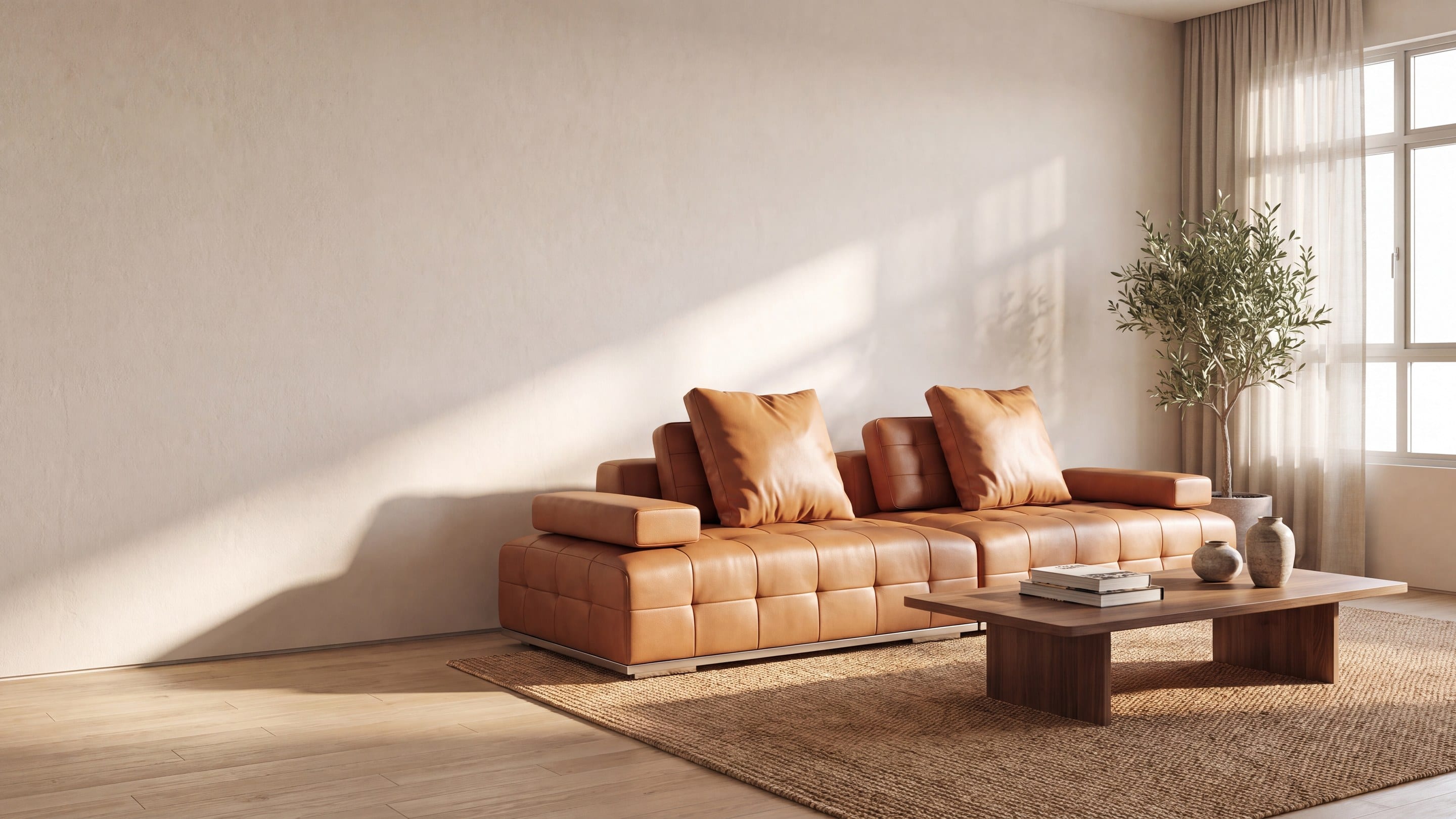 A tan leather sofa and a low timber coffee table in a bright living room with sunlight from a large window
