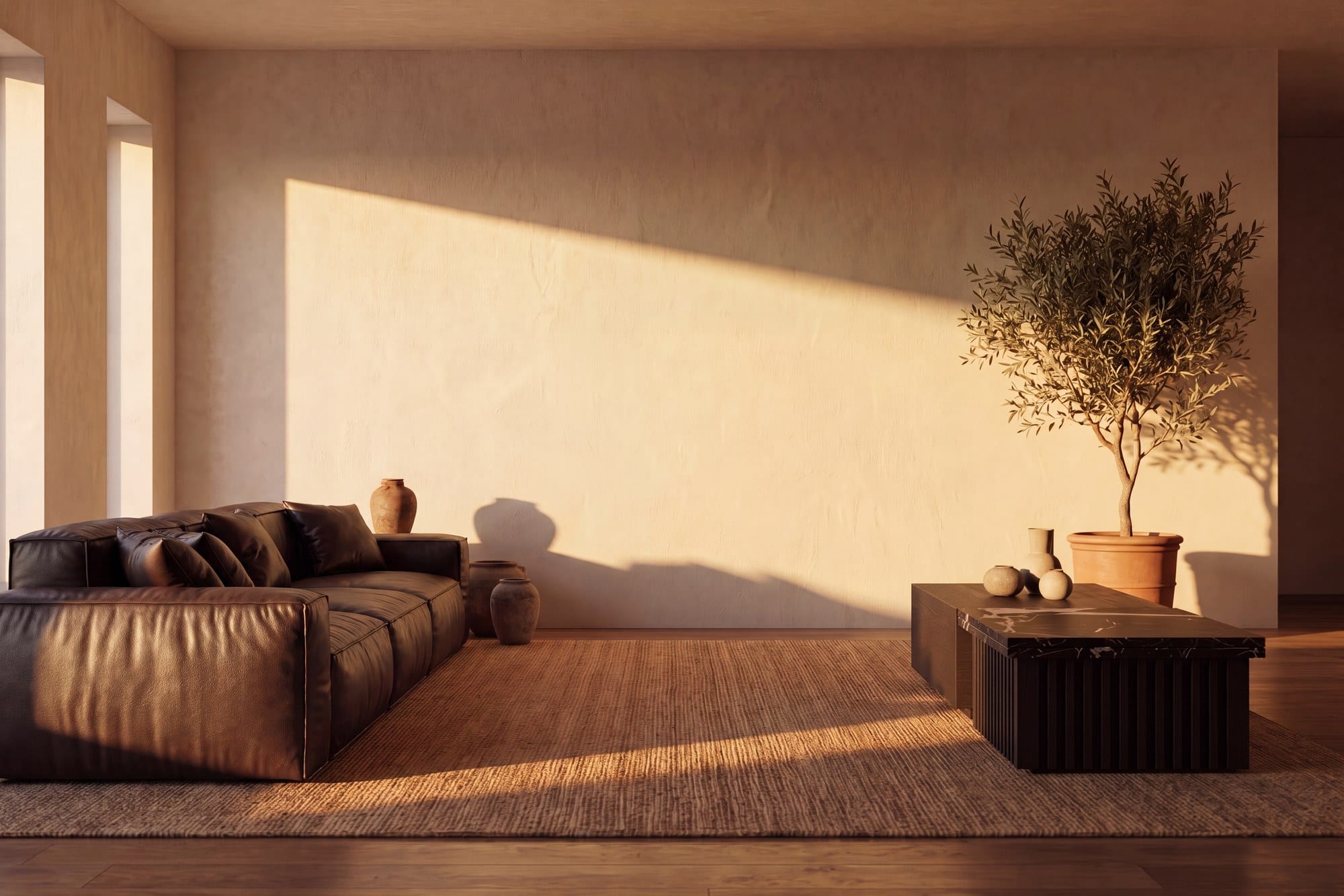 A dark brown leather sofa on a woven rug, with low afternoon sun falling across the wall behind it