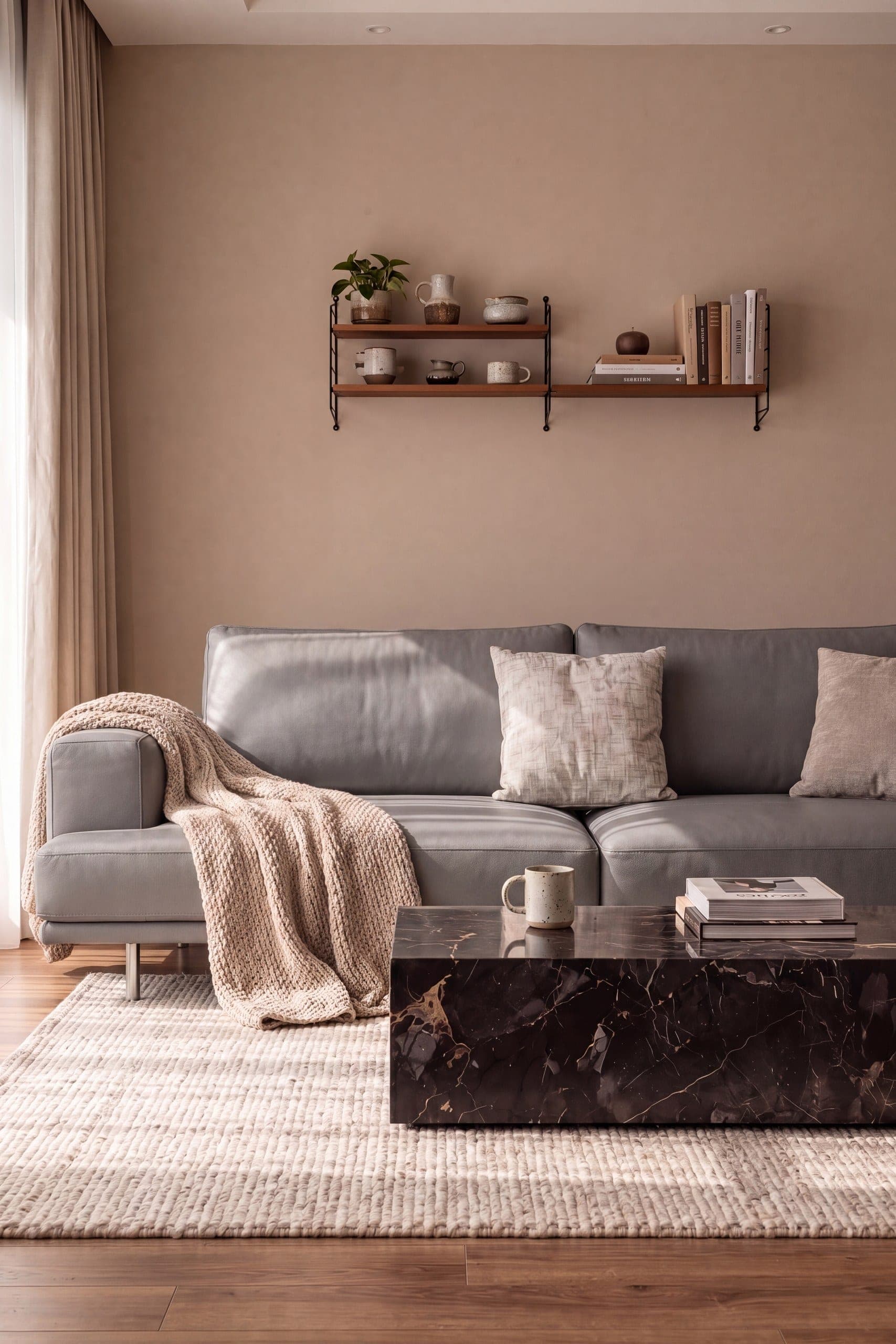 A grey leather sofa with a knitted throw beside a dark marble coffee table