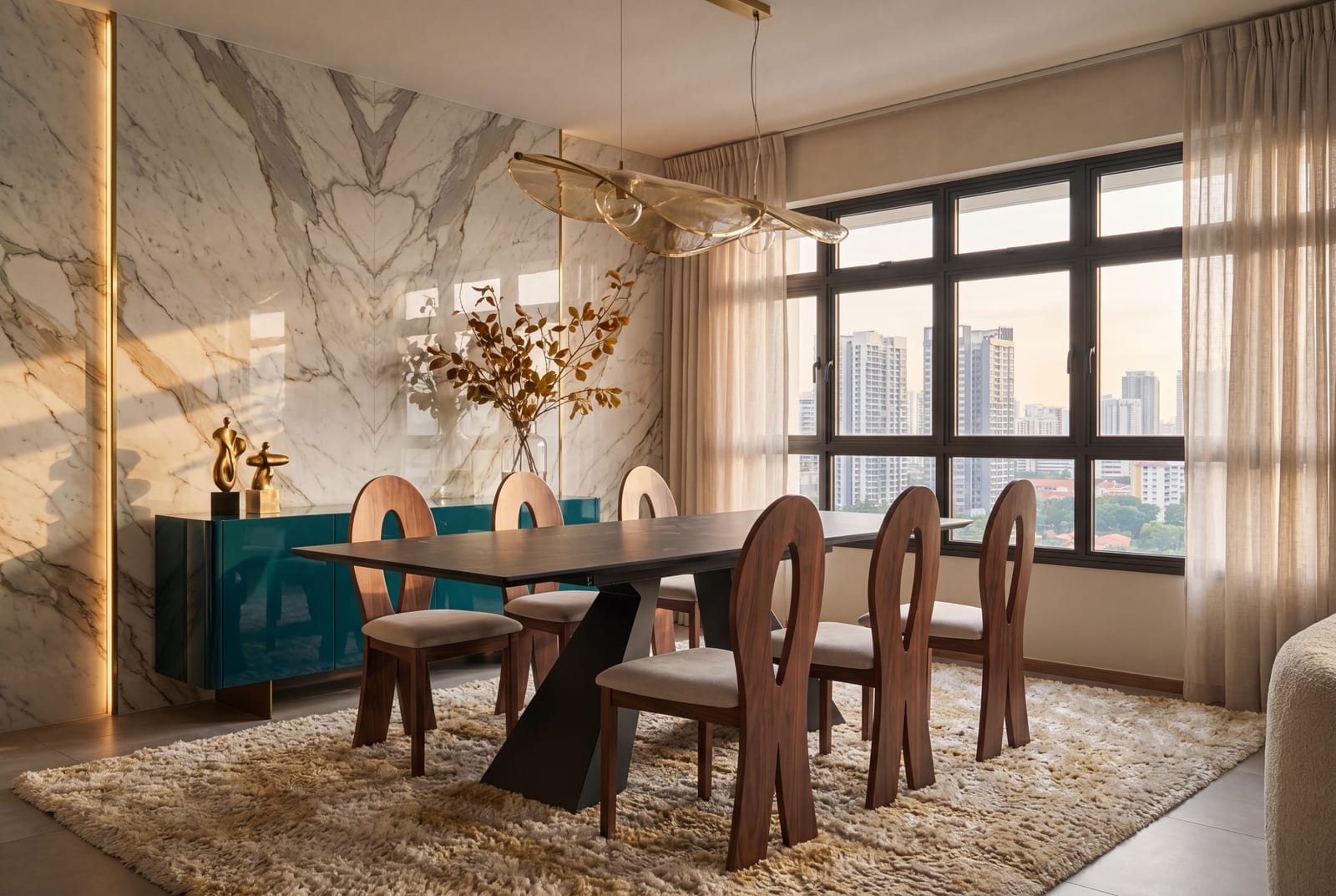 A dining table with sculpted wooden chairs on a shaggy rug beside a window overlooking city towers, with the arm of a sofa just in view