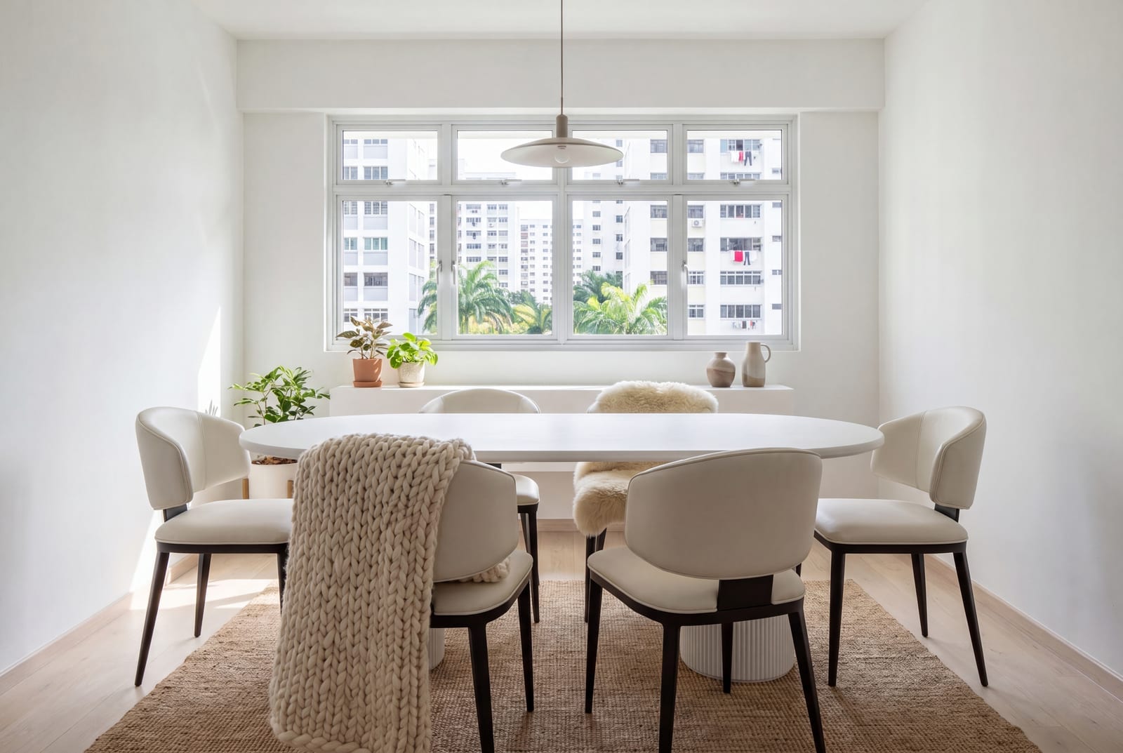 An oval white dining table with rounded ends and cream upholstered chairs in a bright HDB dining area