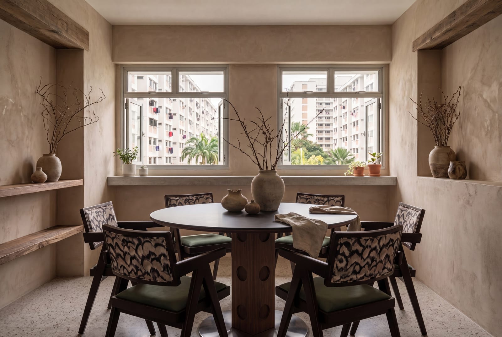 An AI-styled HDB dining room in the Wabi-Sabi style, from the Vella room visualiser