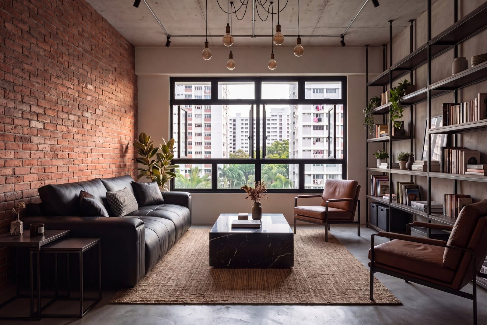 A black leather 3-seater sofa facing a dark rectangular coffee table on a jute rug, with HDB blocks outside the window