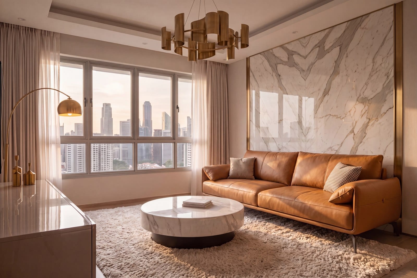 A leather sofa backed by a solid marble feature wall, with a round marble coffee table in front, in a high-floor living room
